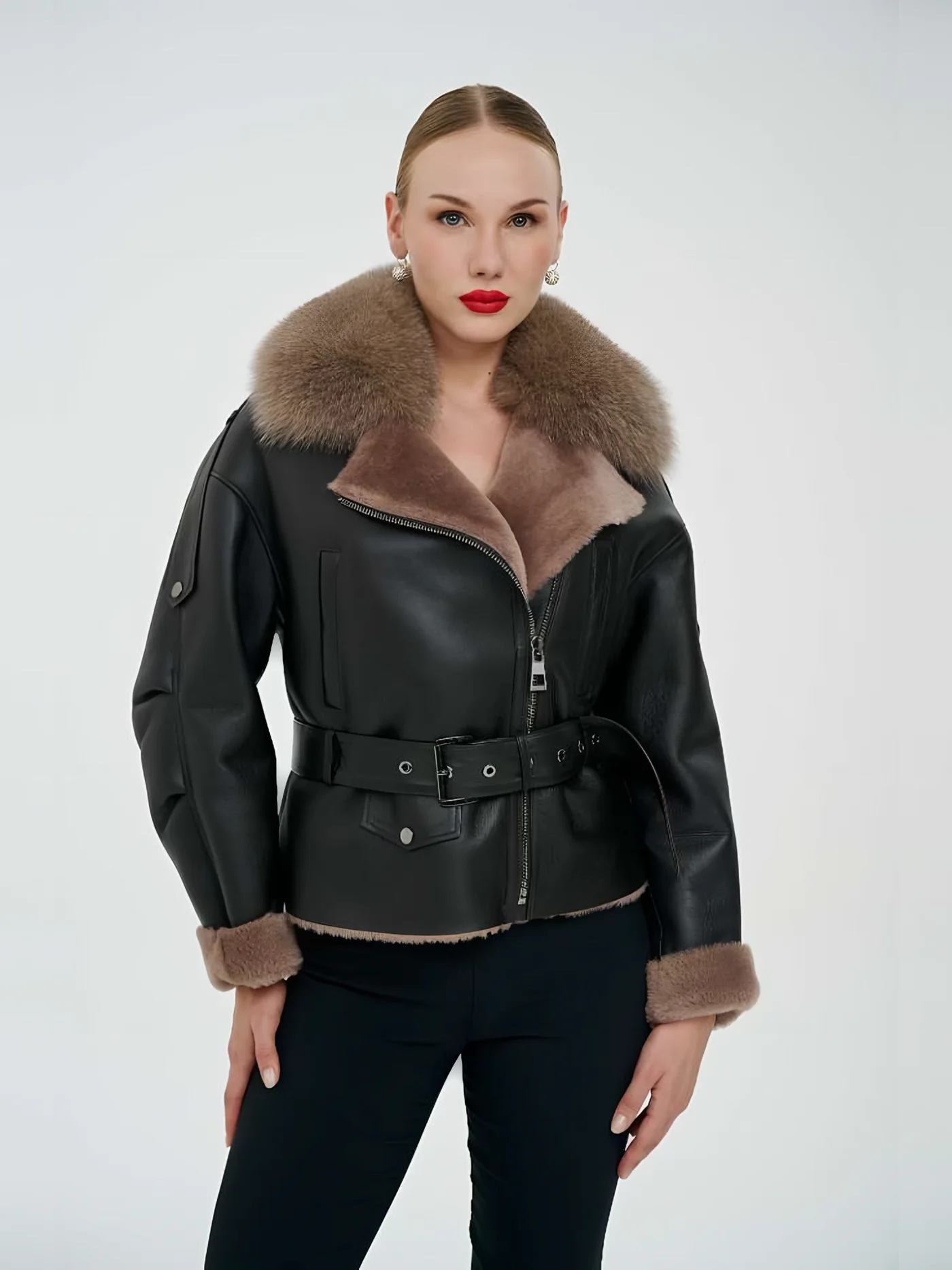 Fur-Collar Belted Leather Jacket — BALIZZA