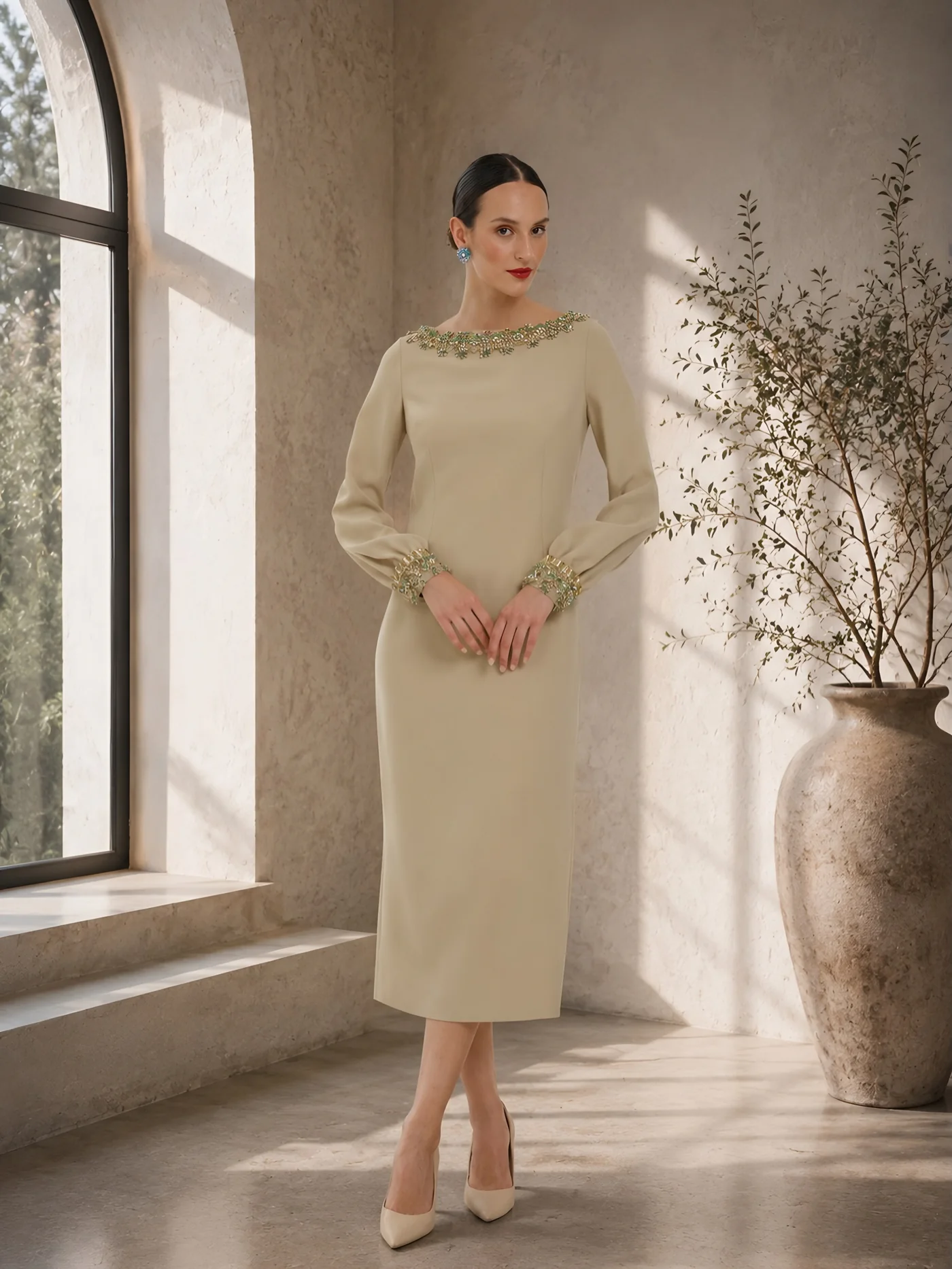 فستان ميدي بأساور مرصعة — BALIZZA