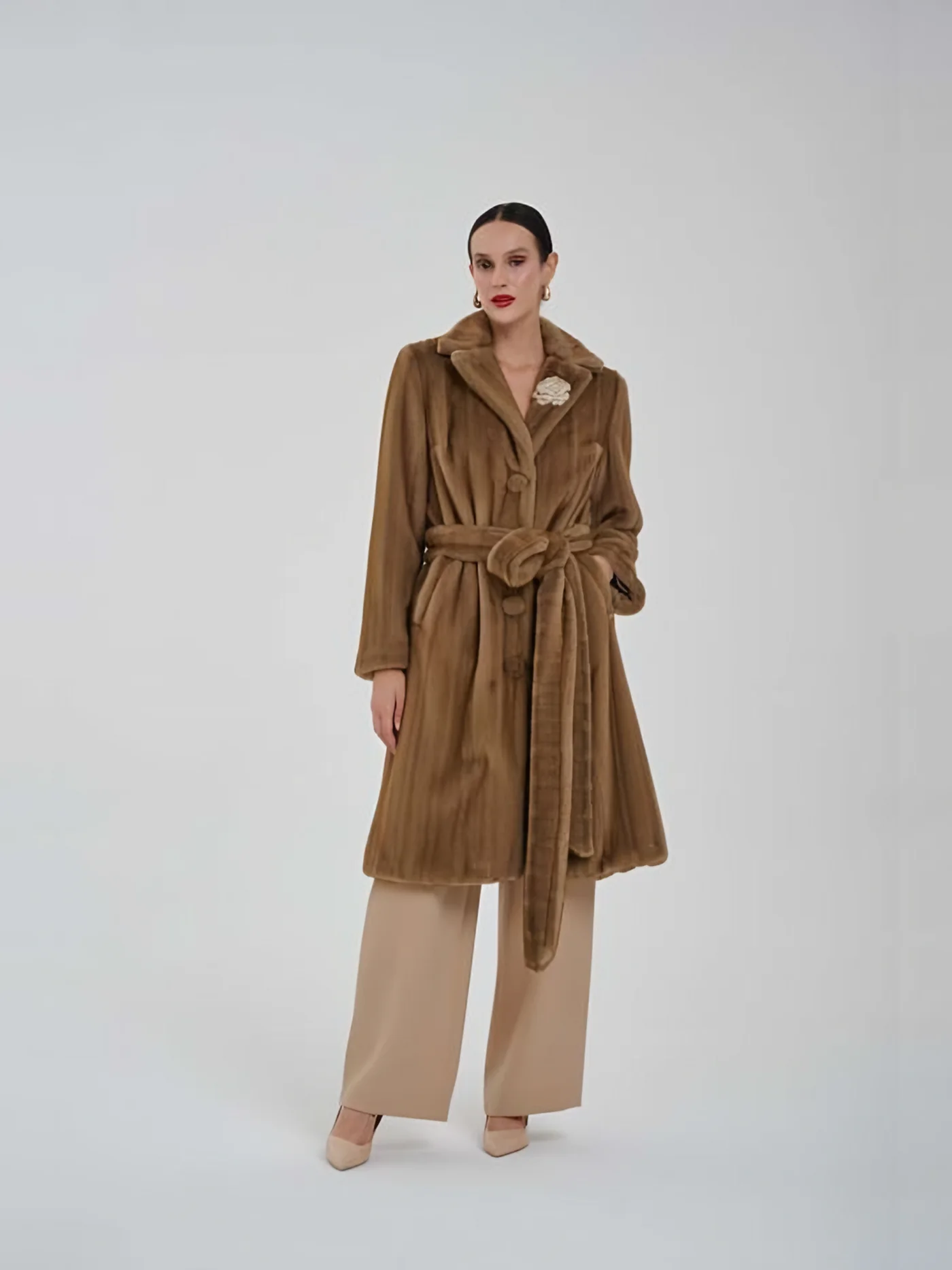 Belted Plush Coat with Brooch — BALIZZA