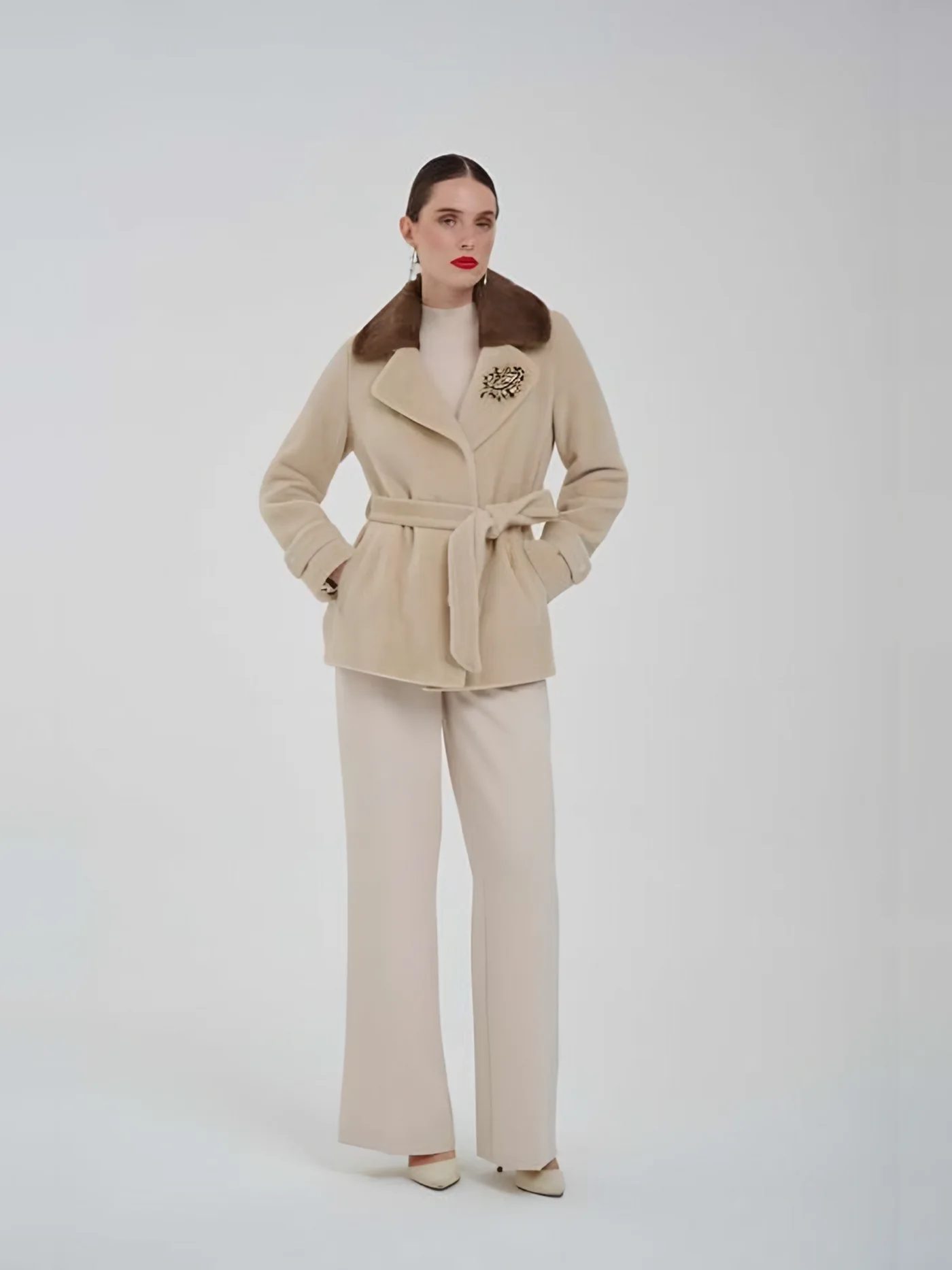 Fur-Collar Belted Jacket with Brooch — BALIZZA