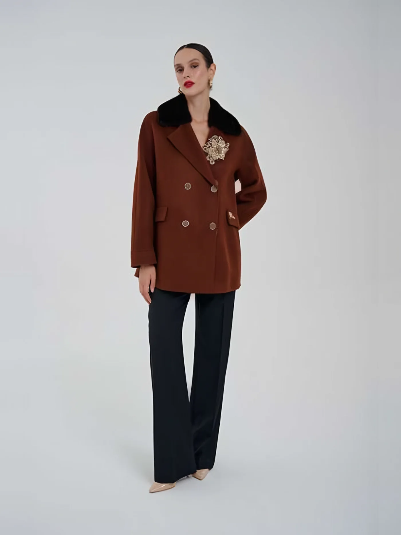 Fur-Collar Double-Breasted Jacket with Brooch — BALIZZA