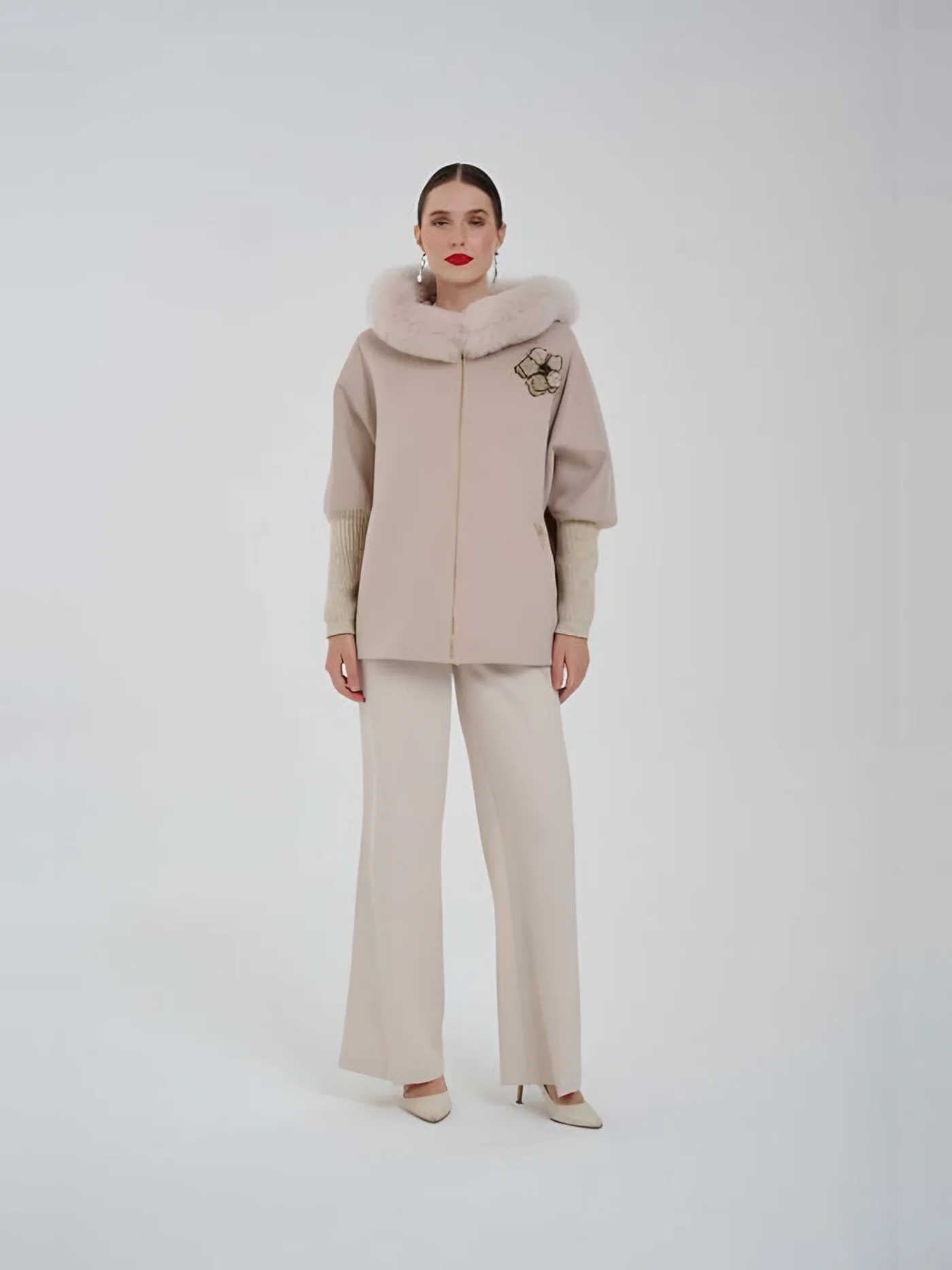 Fur-Hooded Jacket with Brooch — BALIZZA