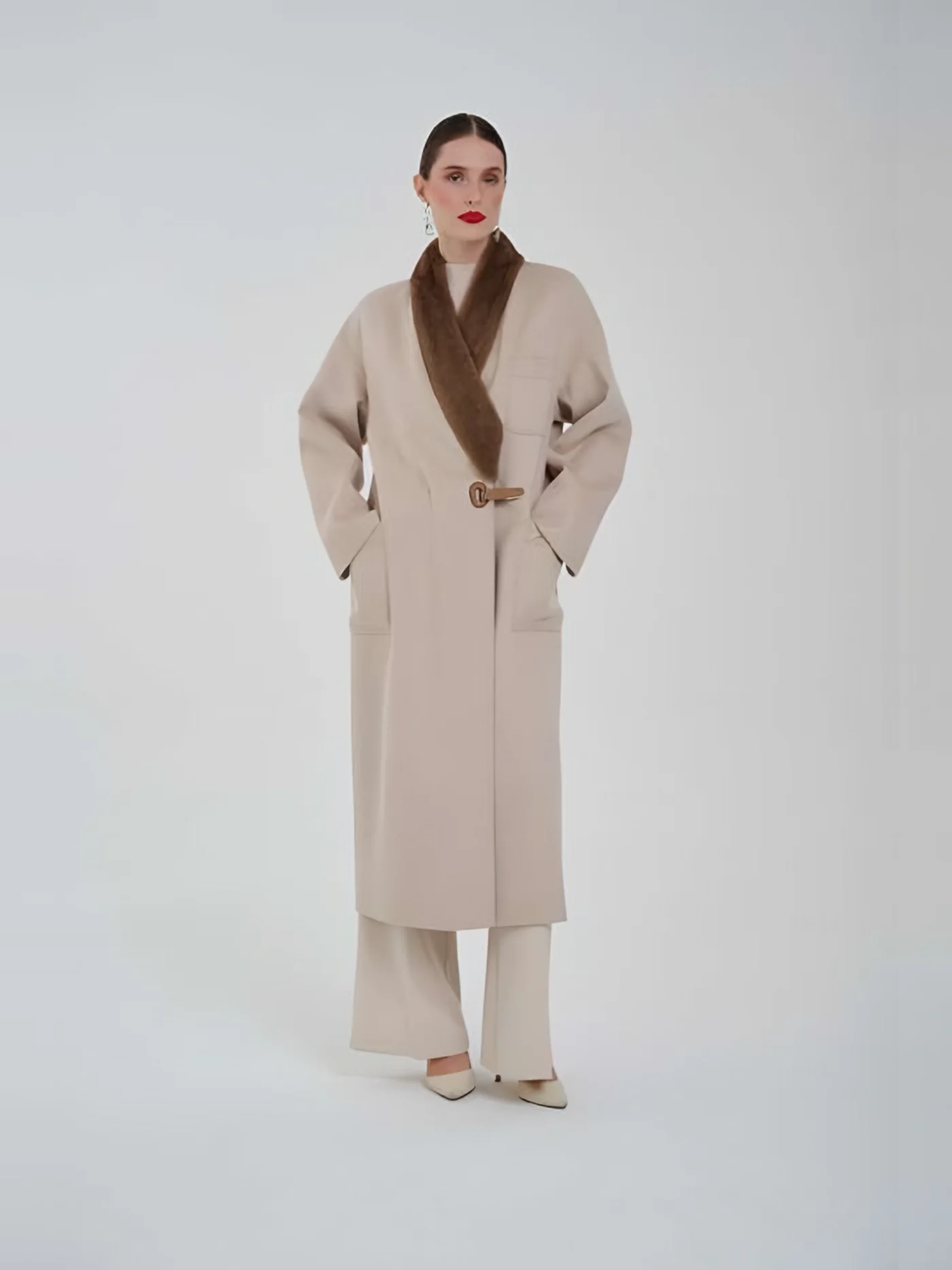 Fur-Shawl-Collar Long Coat — BALIZZA