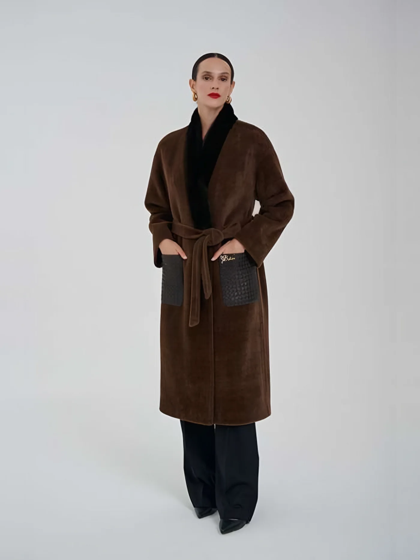 Leather-Pocket Belted Long Plush Coat — BALIZZA