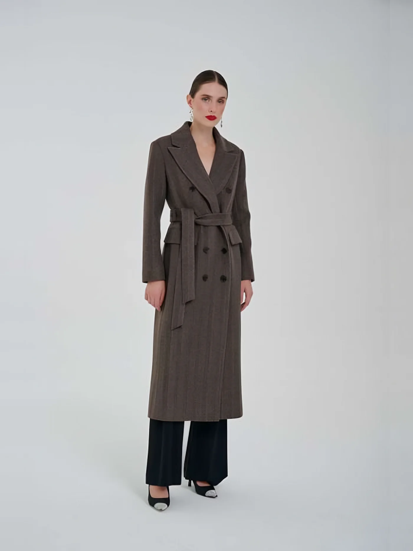 Houndstooth Double-Breasted Belted Long Coat — BALIZZA