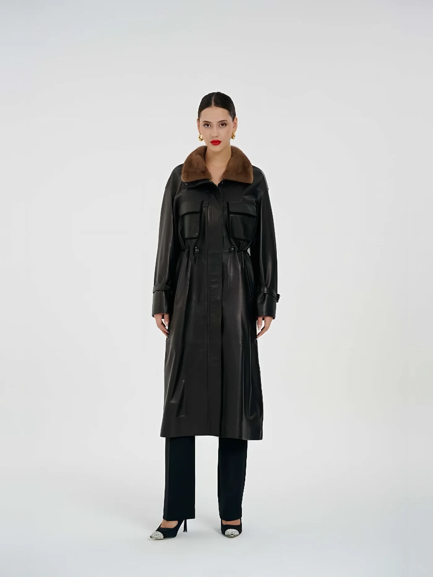 Fur-Collar Long Leather Jacket — BALIZZA