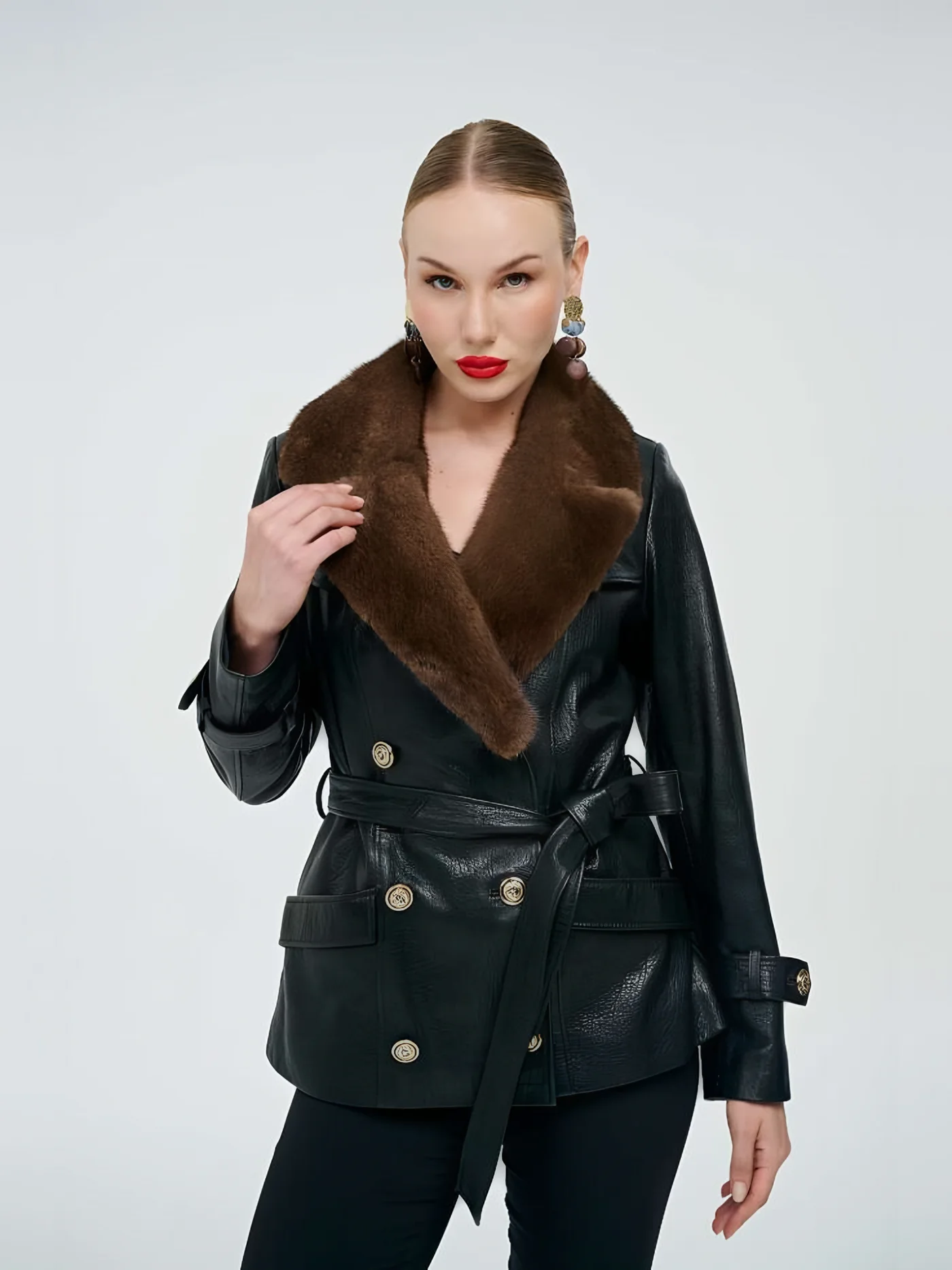 Fur-Collar Double-Breasted Belted Leather Jacket — BALIZZA