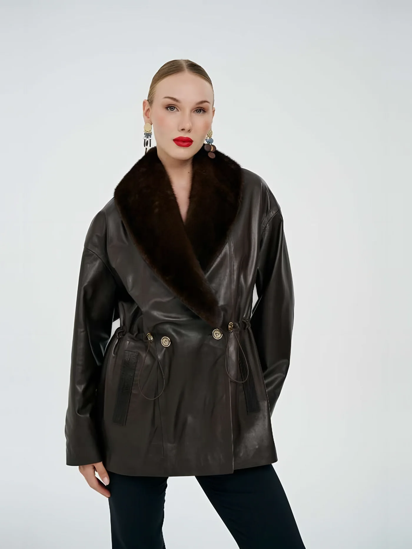Fur-Collar Double-Breasted Leather Jacket — BALIZZA