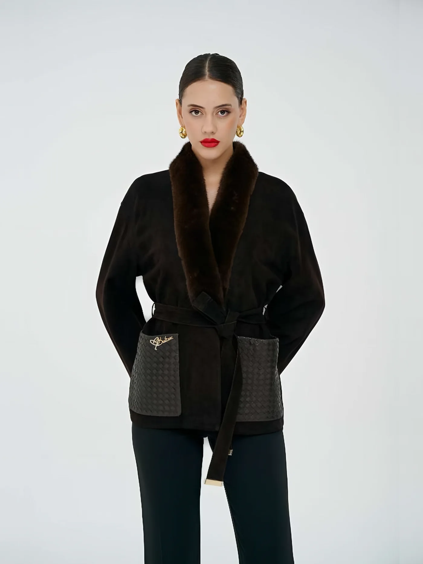 Fur-Shawl Leather-Pocket Belted Jacket — BALIZZA
