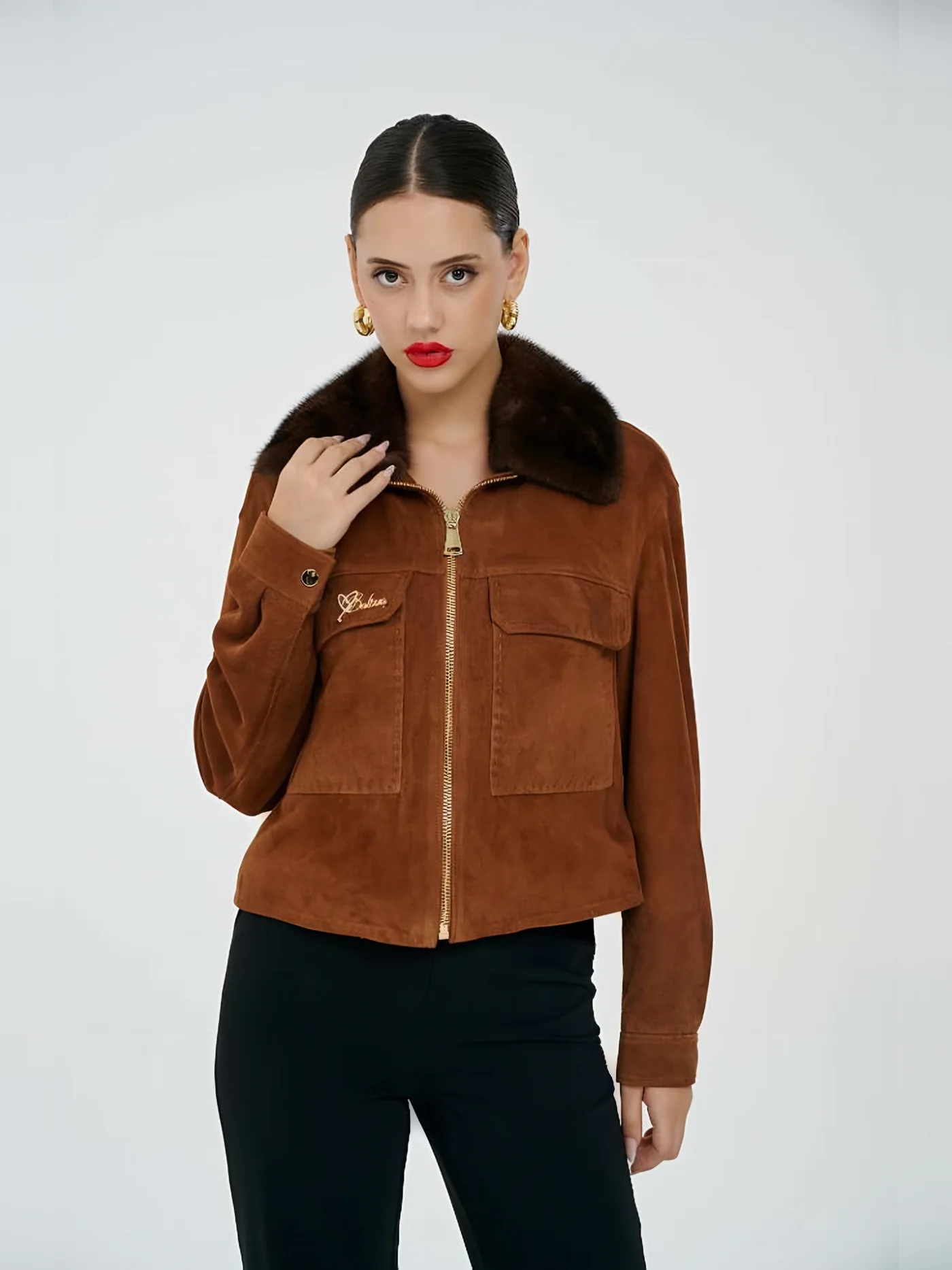 Fur-Collar Zip Suede Jacket — BALIZZA
