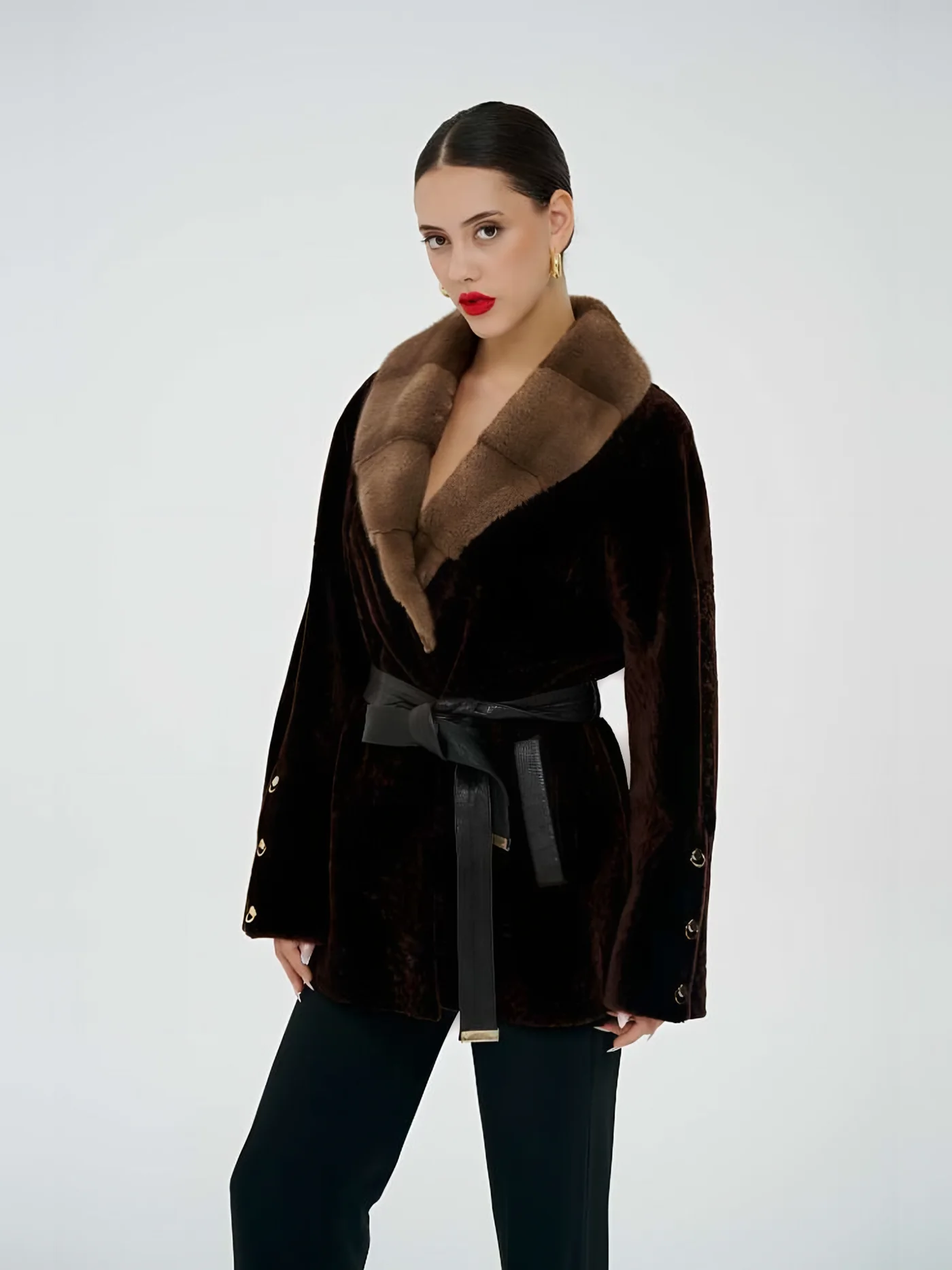 Fur-Collar Belted Plush Jacket — BALIZZA