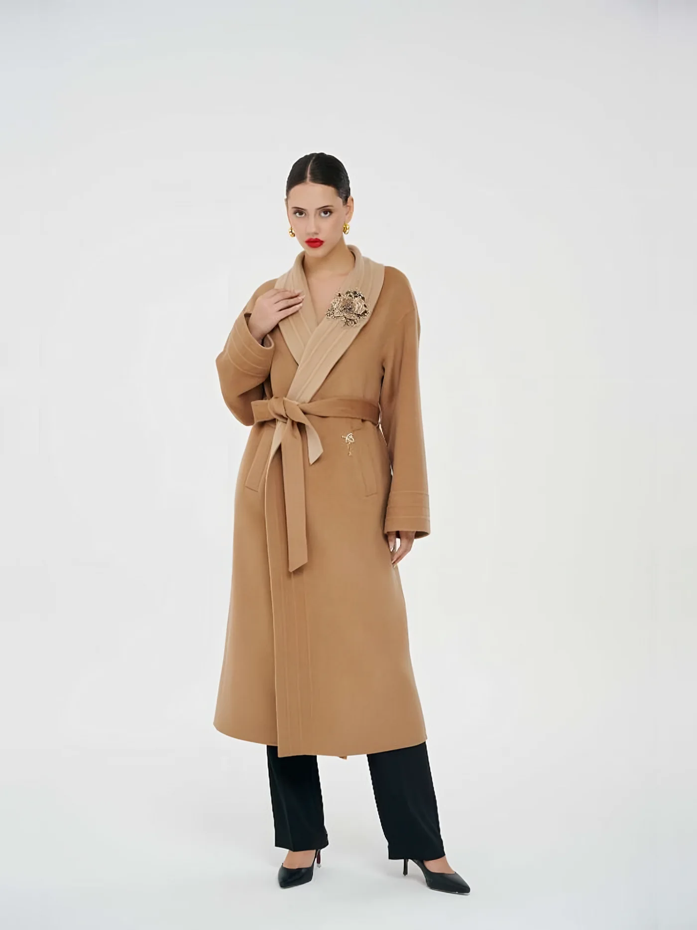 Shawl-Collar Belted Coat with Brooch — BALIZZA