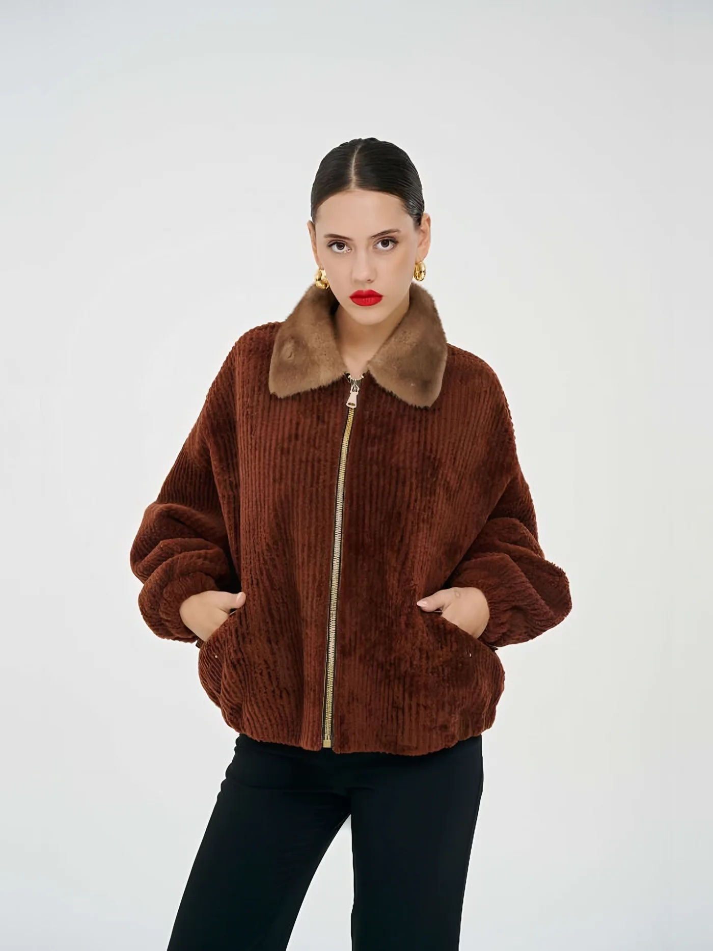 Fur-Collar Zip Plush Jacket — BALIZZA