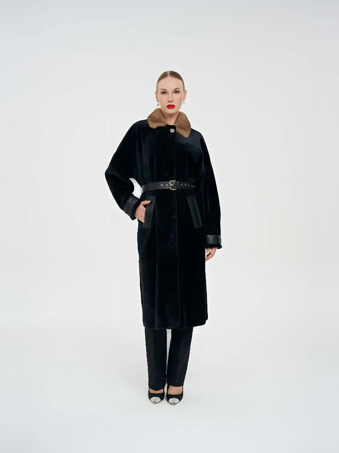 Fur-Collar Belted Long Plush Coat — BALIZZA
