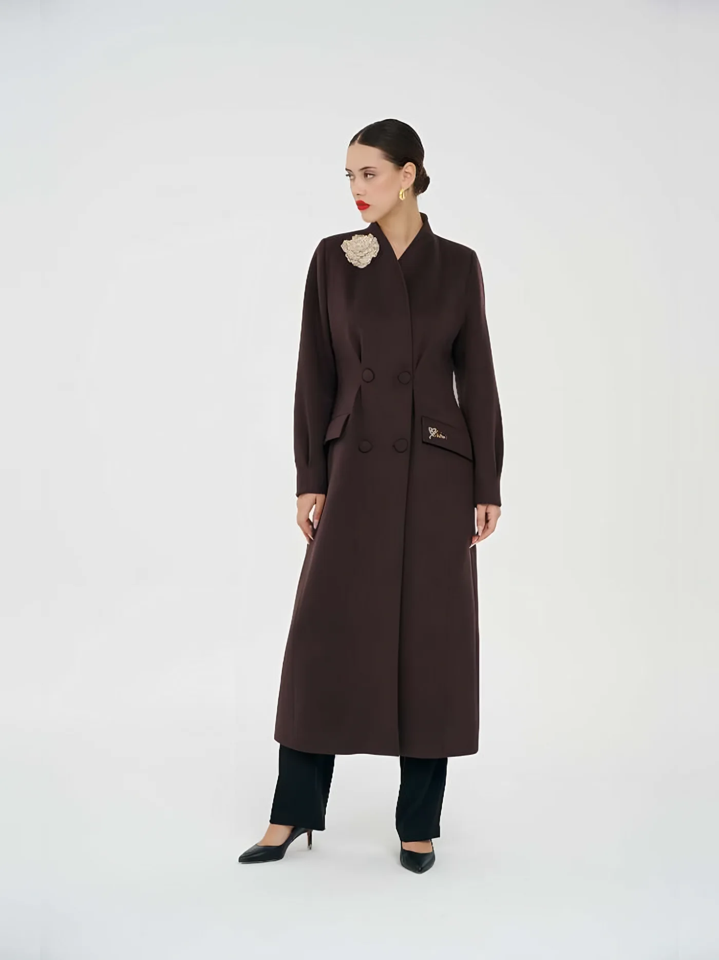 Double-Breasted Long Coat with Brooch — BALIZZA