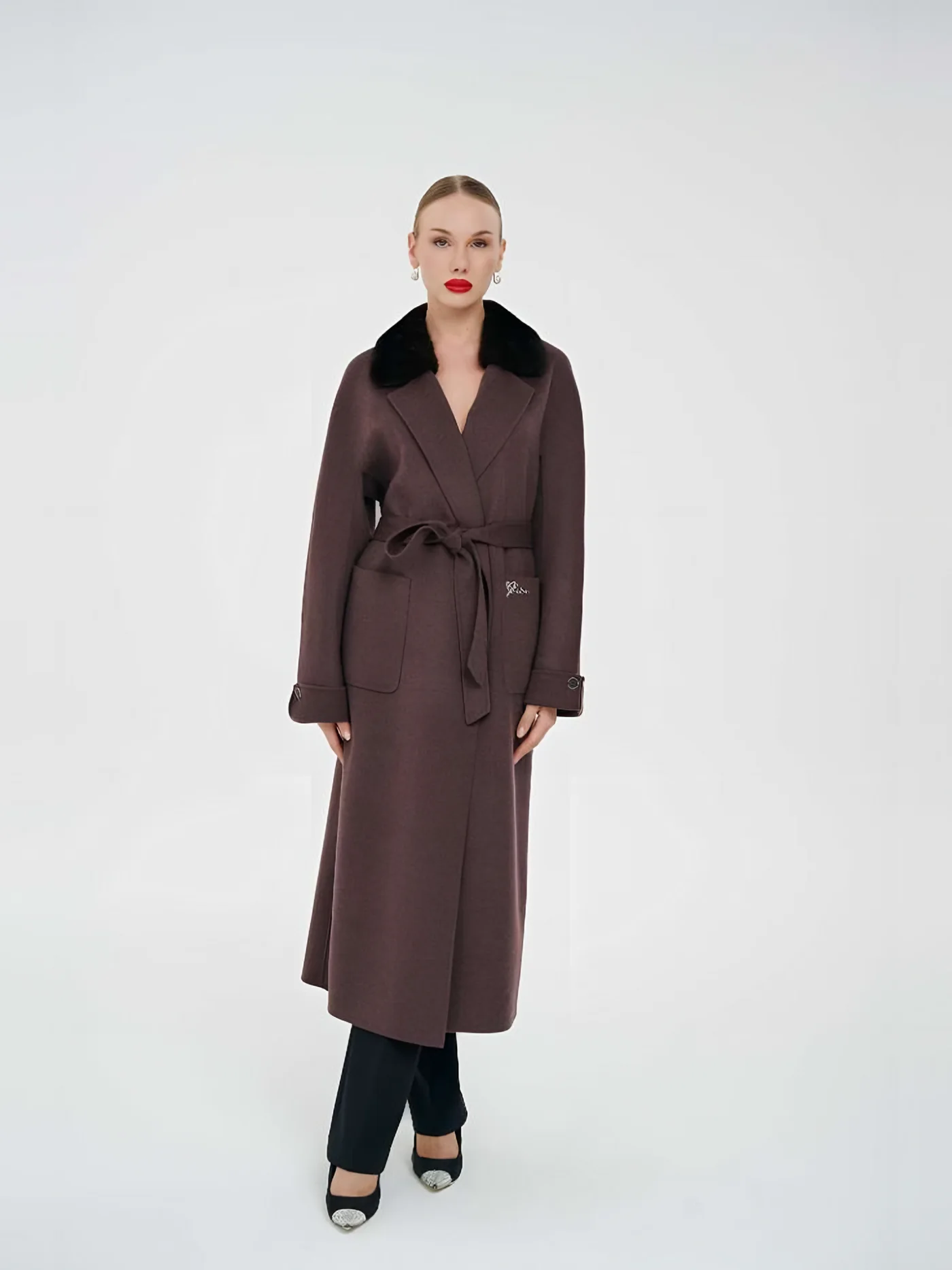 Fur-Collar Belted Long Coat — BALIZZA