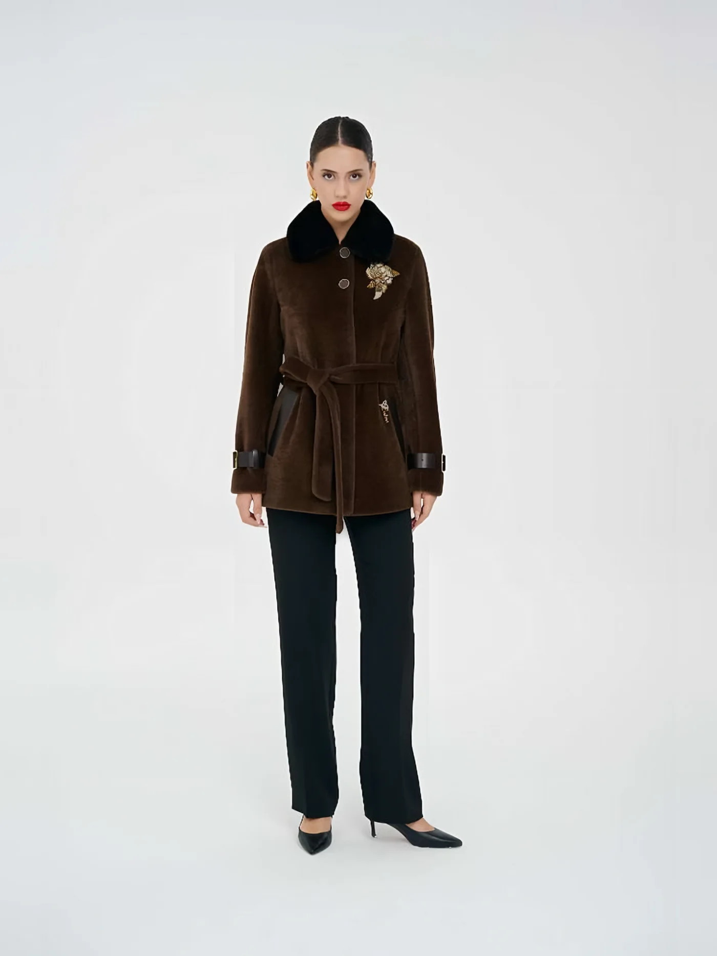 Fur-Collar Belted Plush Jacket with Brooch — BALIZZA