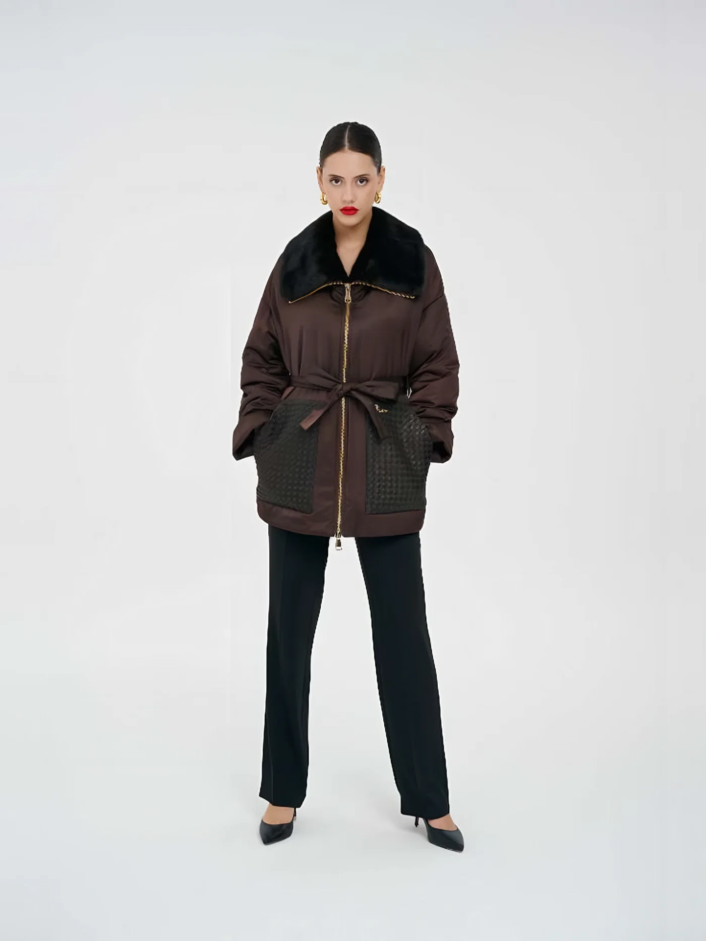 Fur-Collar Leather-Pocket Belted Quilted Jacket — BALIZZA