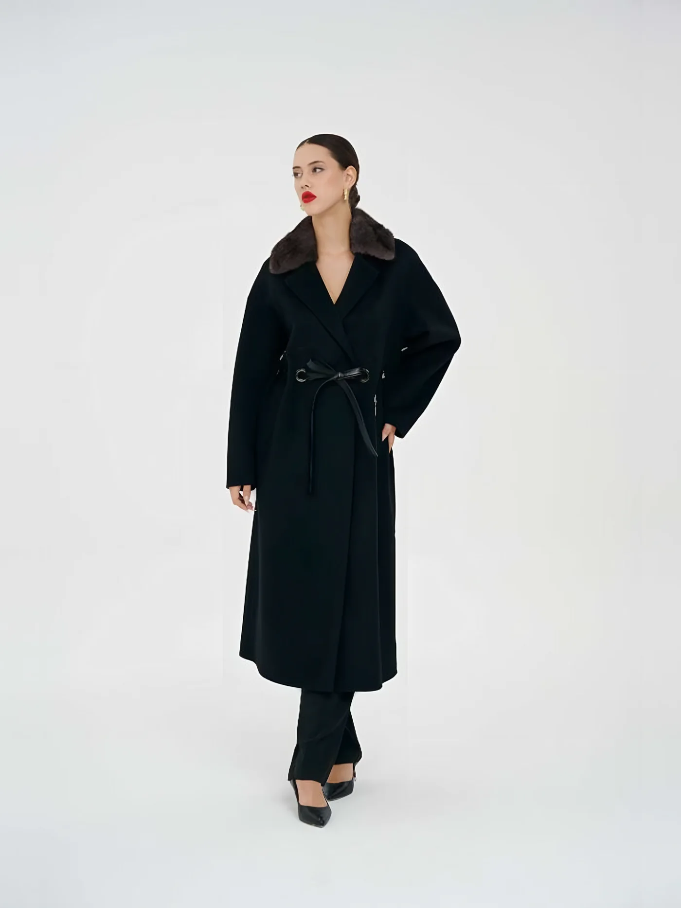 Fur-Collar Belted Long Coat — BALIZZA