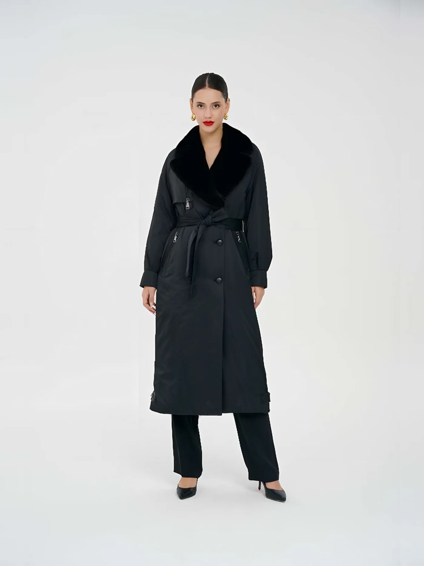 Fur-Collar Double-Breasted Quilted Long Coat — BALIZZA