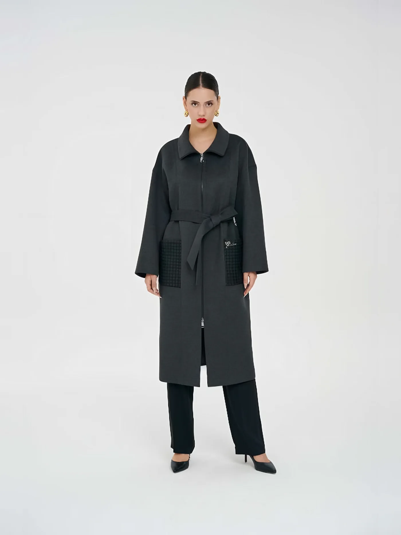 Leather-Pocket Belted Coat — BALIZZA