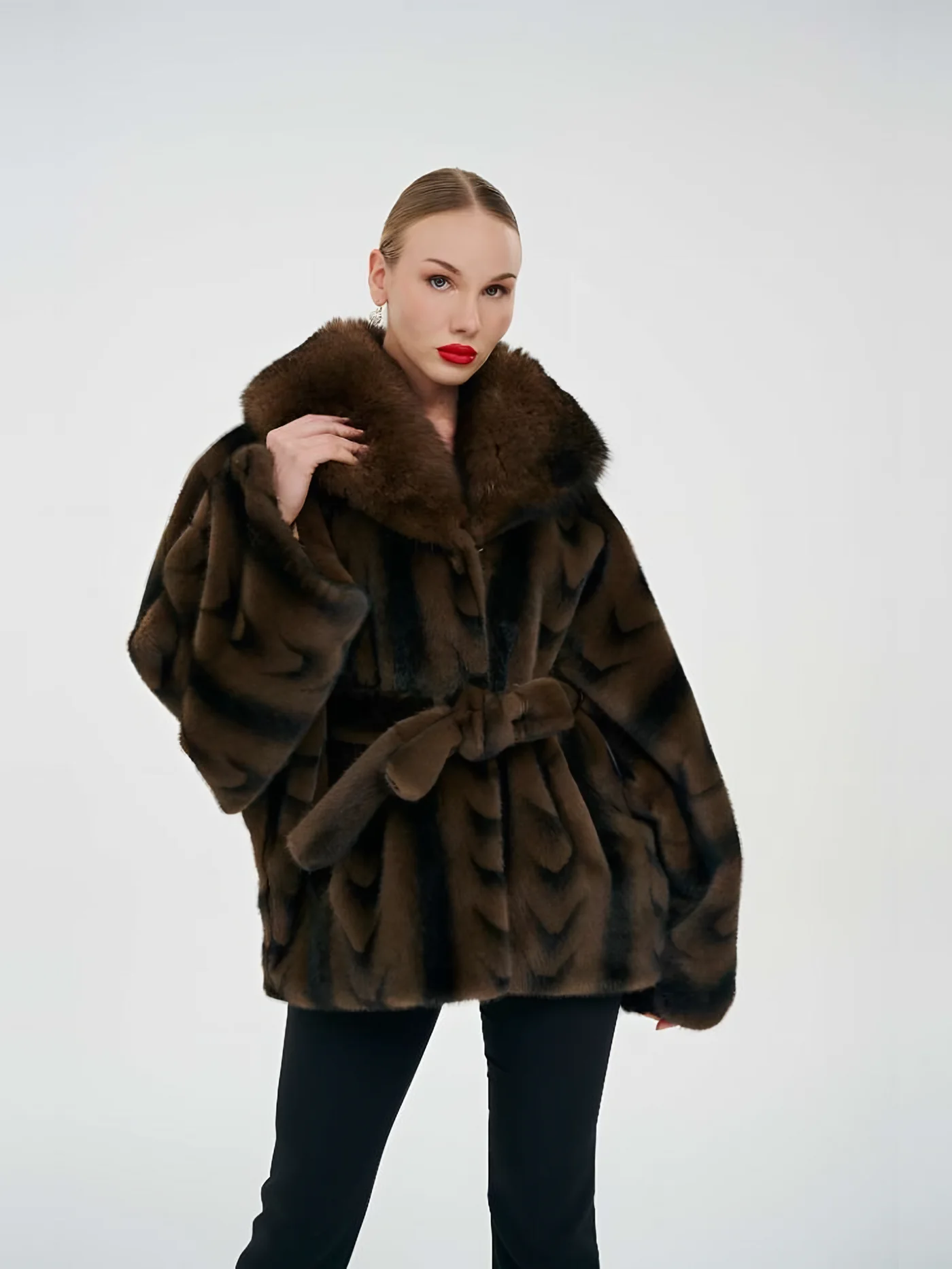 Fur-Collar Belted Patterned Plush Jacket — BALIZZA