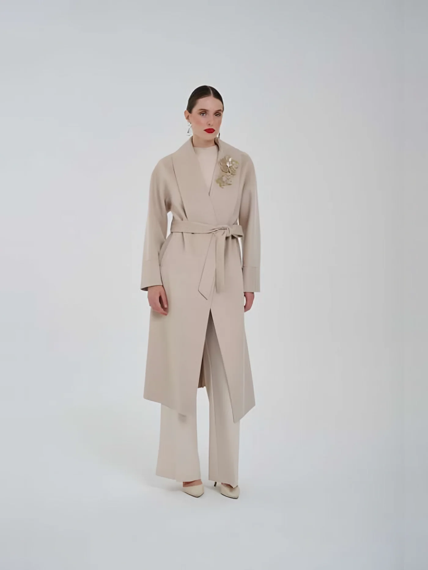 Belted Long Coat with Brooch — BALIZZA
