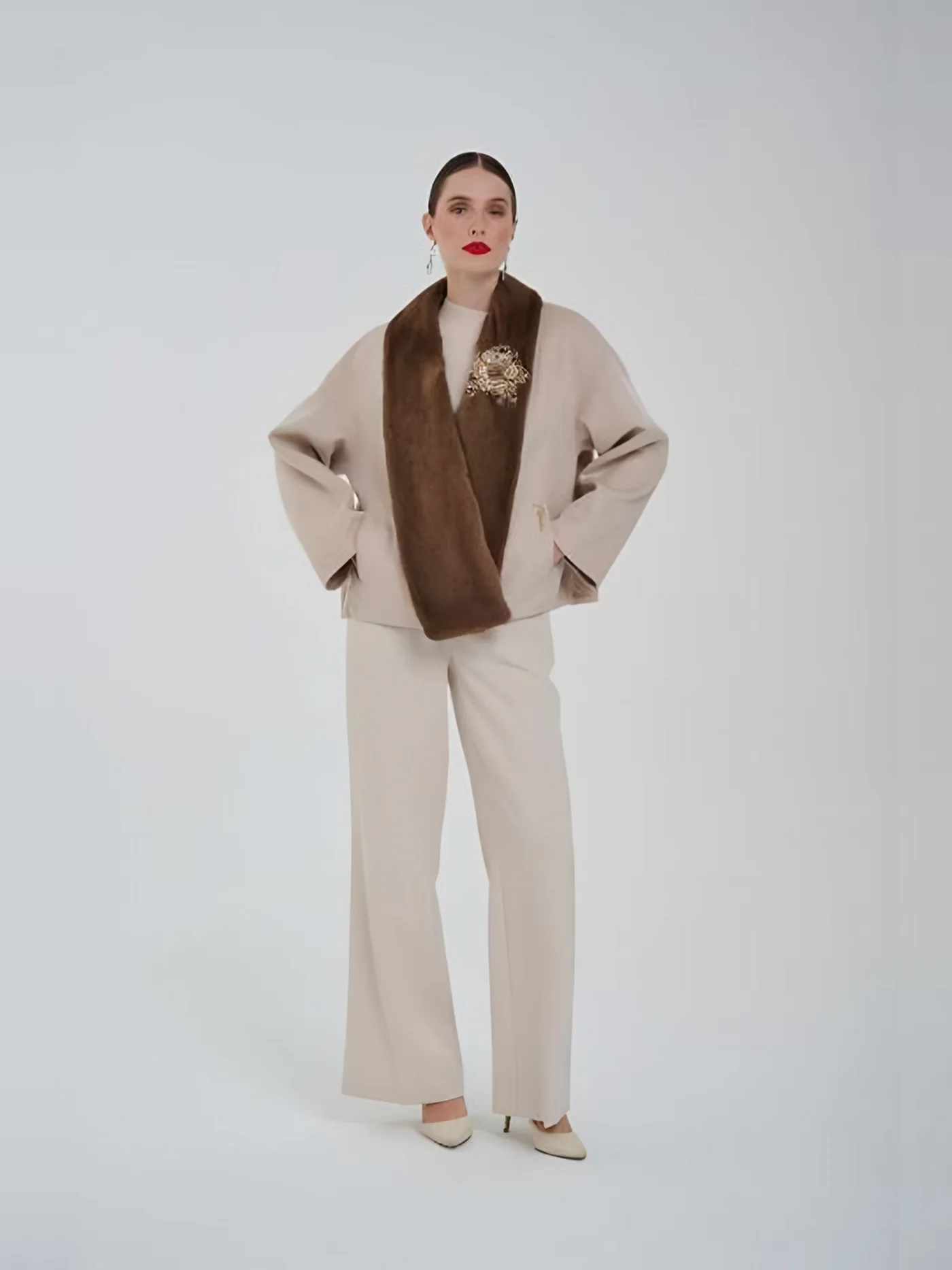 Fur-Shawl Jacket with Brooch — BALIZZA