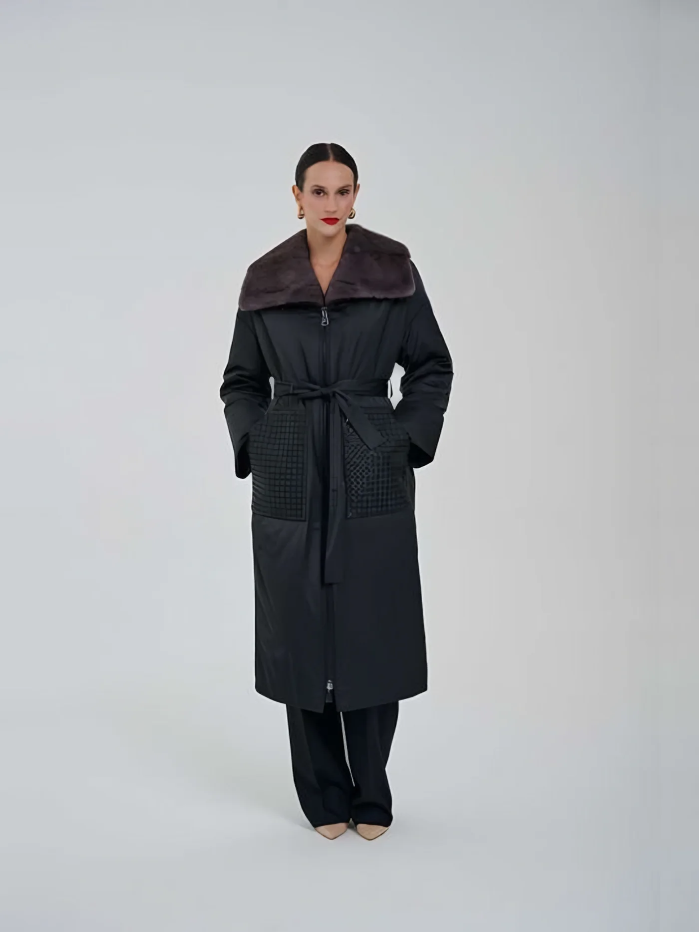 Fur-Collar Belted Quilted Coat — BALIZZA
