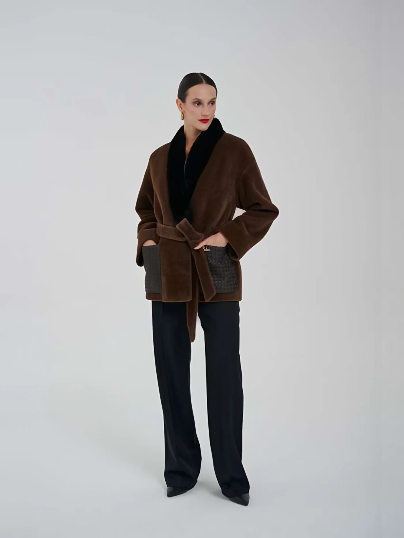Leather-Pocket Belted Plush Jacket — BALIZZA