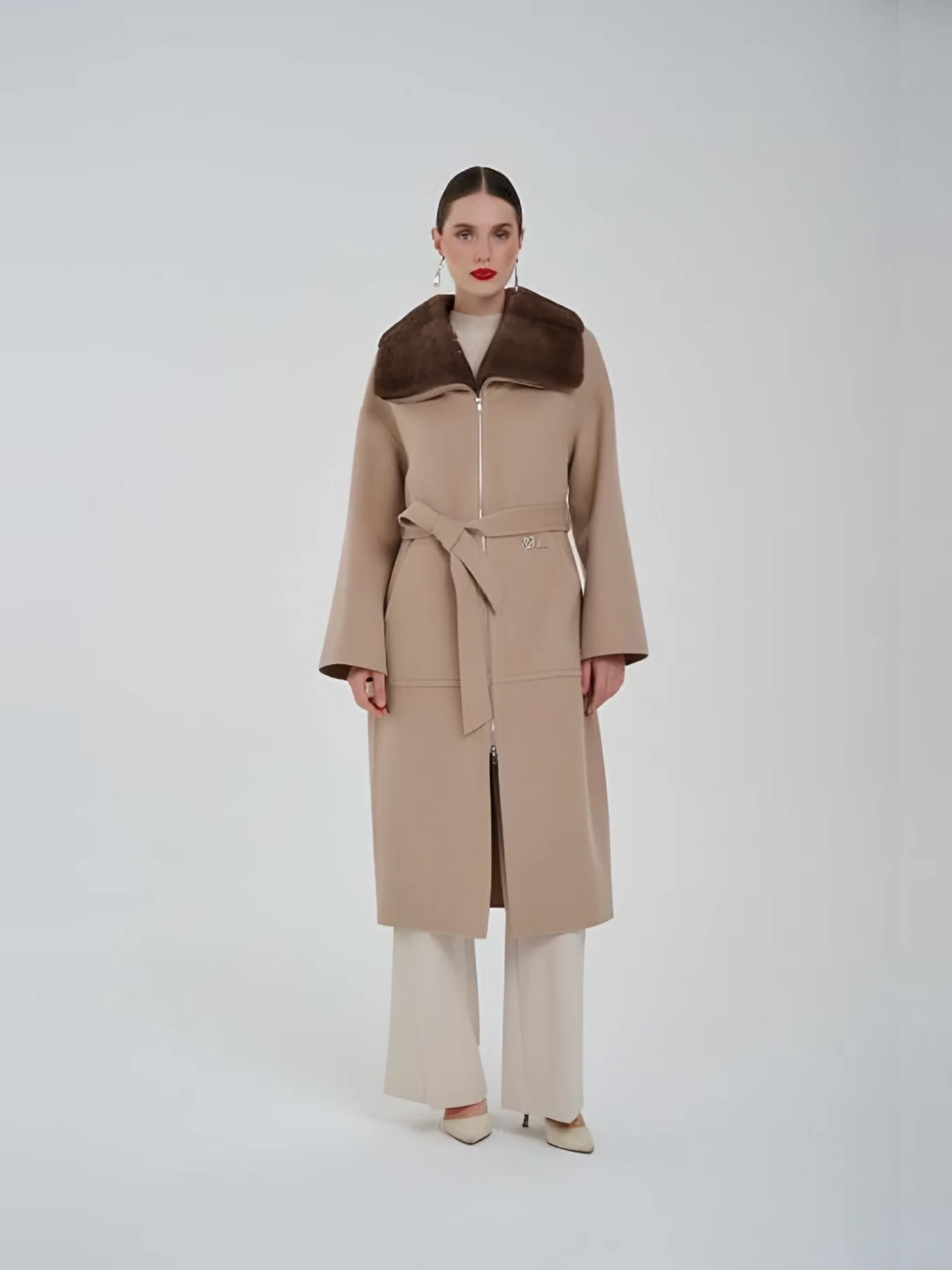 Fur-Collar Belted Zip Coat — BALIZZA