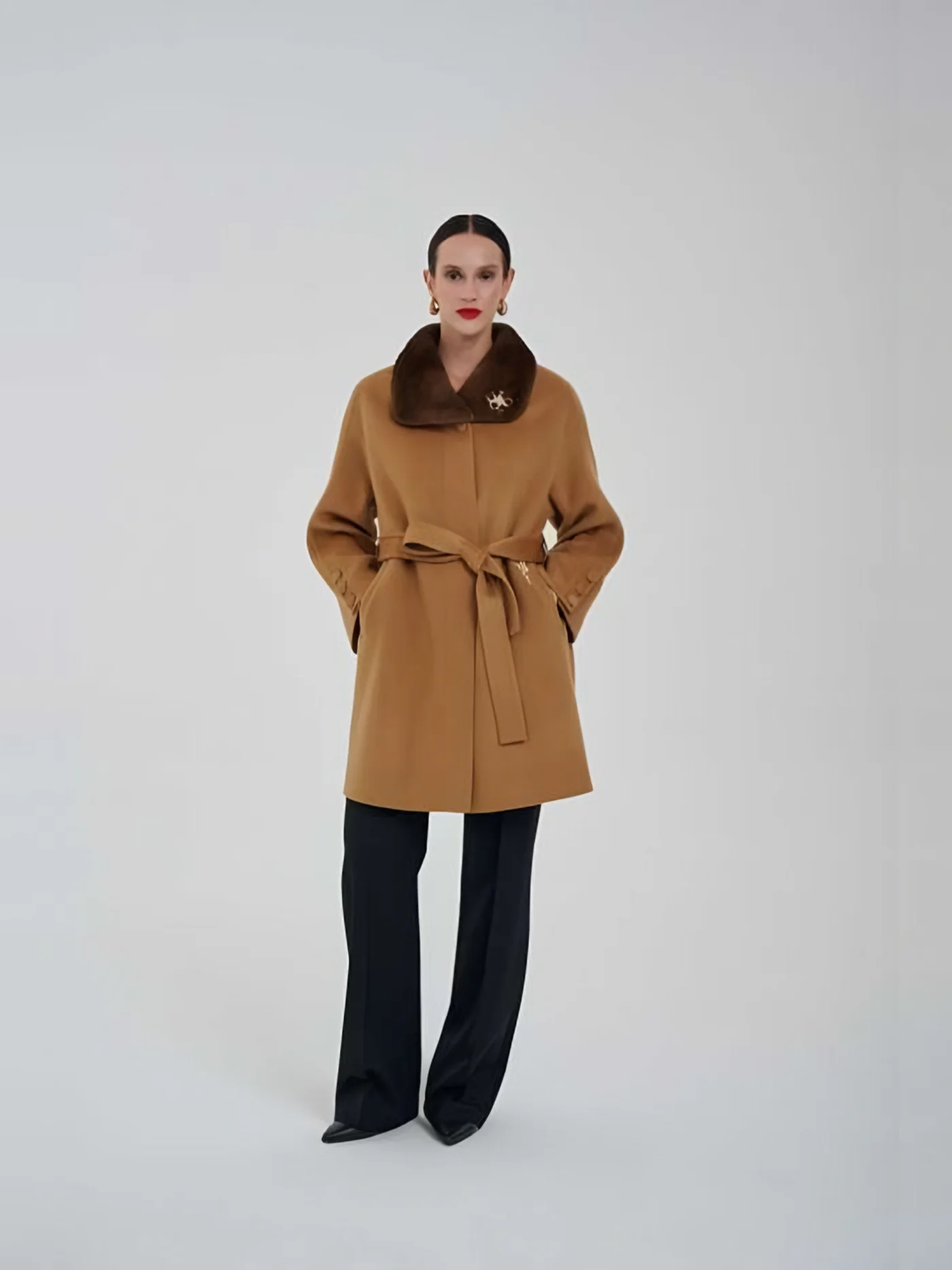 Fur-Collar Belted Jacket with Brooch — BALIZZA