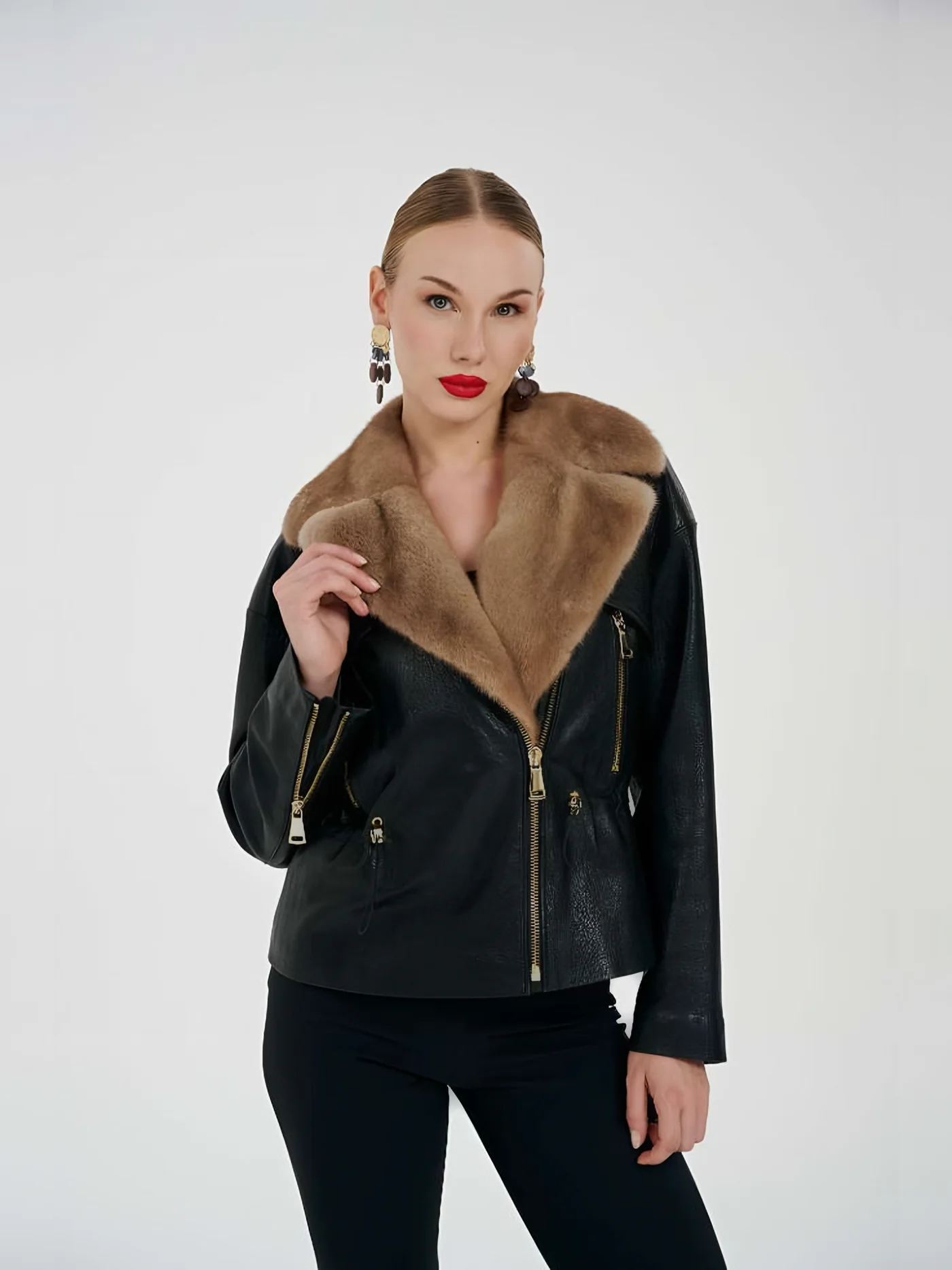 Fur-Collar Zip Leather Jacket — BALIZZA