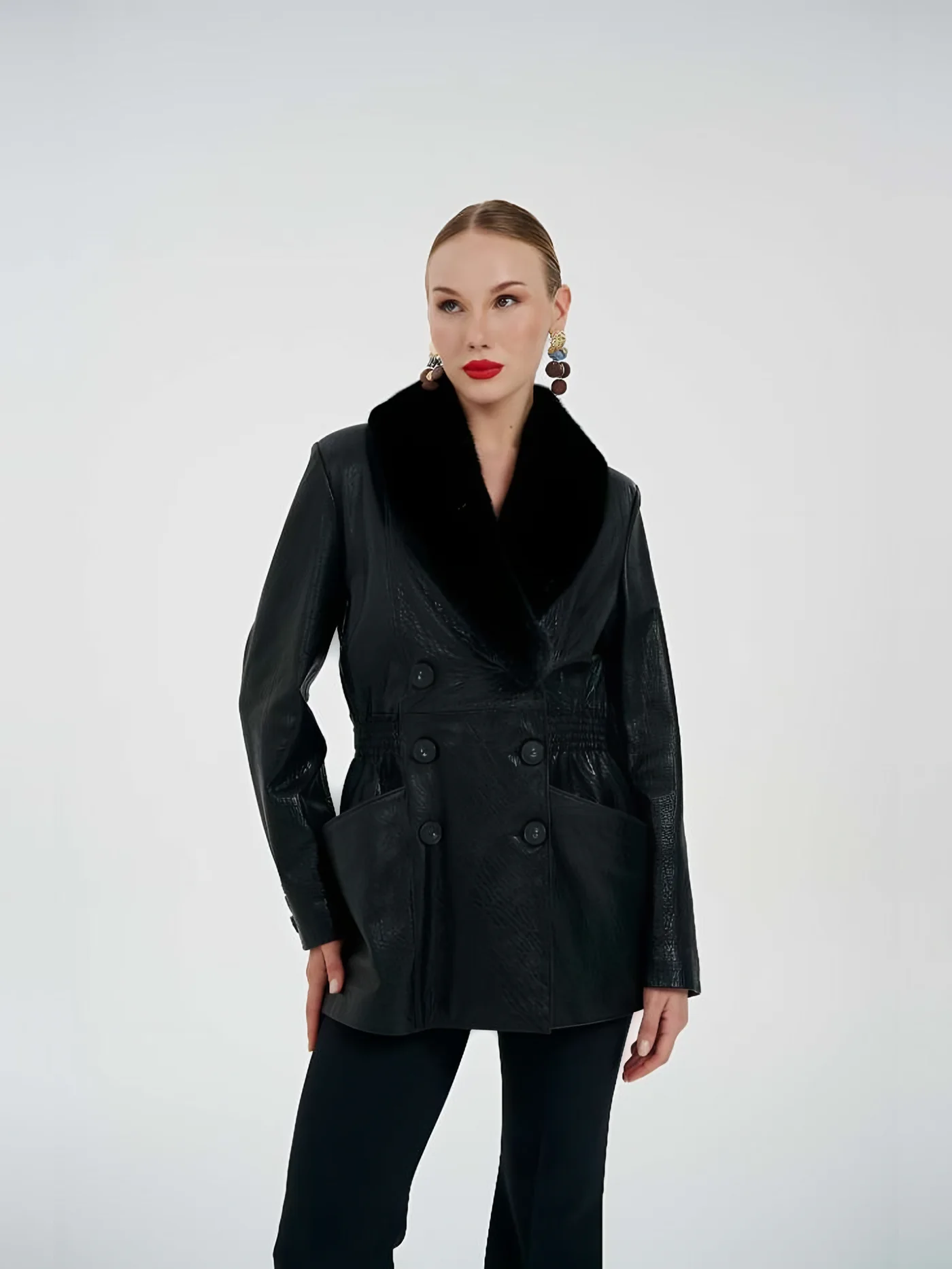 Fur-Collar Double-Breasted Leather Jacket — BALIZZA