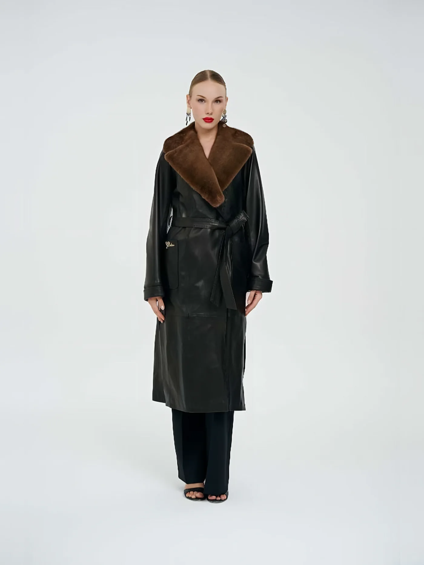 Fur-Collar Belted Long Leather Coat — BALIZZA