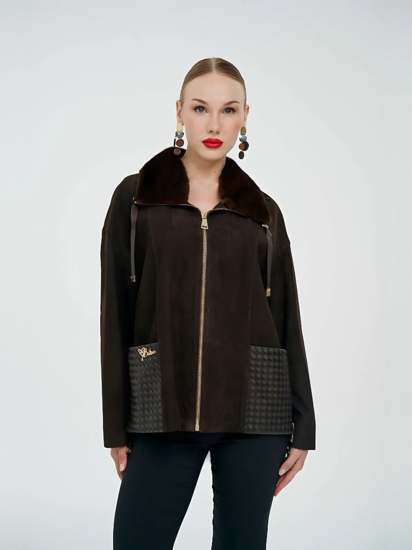 Fur-Collar Leather-Pocket Zip Suede Jacket — BALIZZA