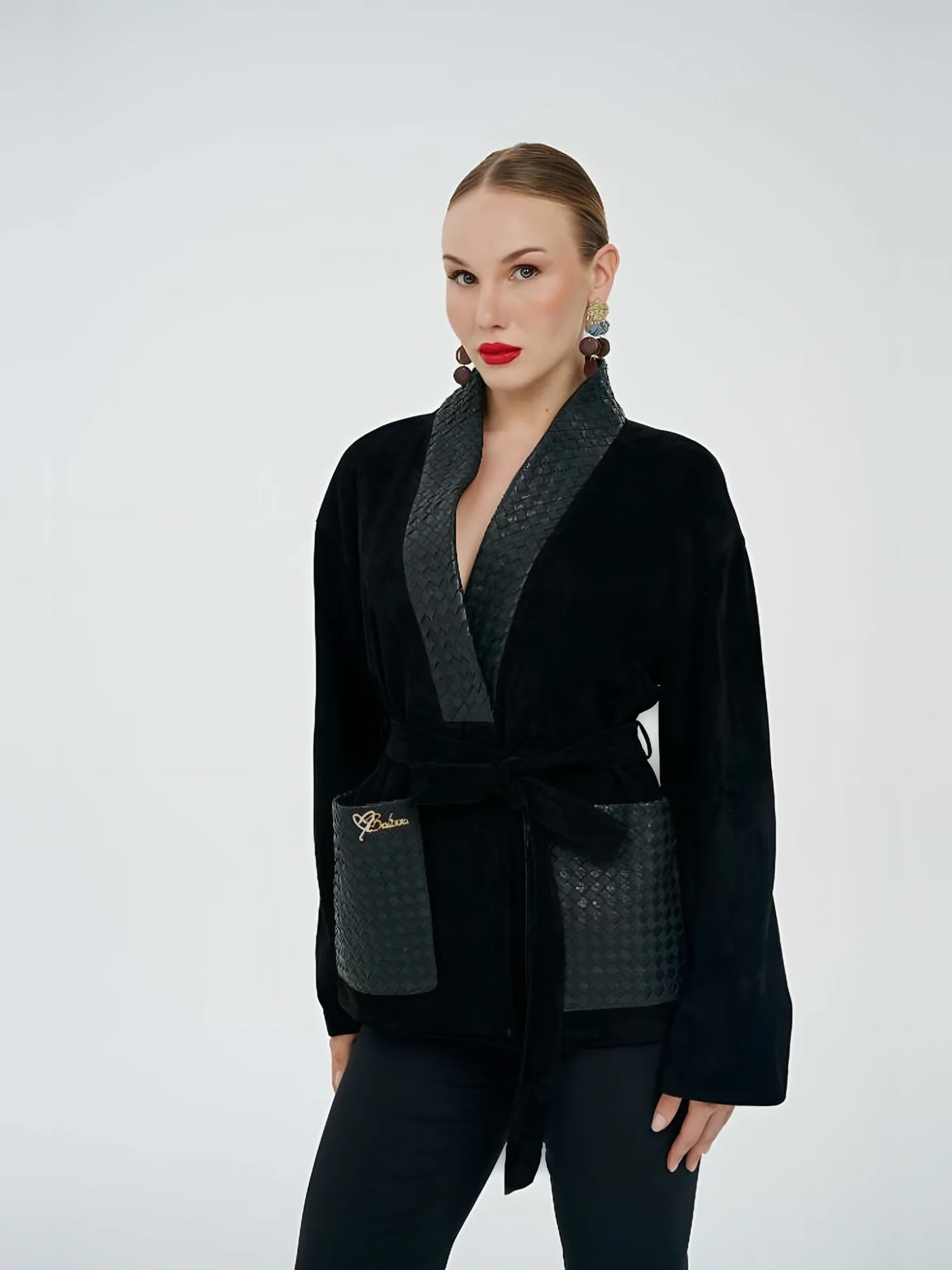 Shawl-Collar Leather-Pocket Belted Jacket — BALIZZA