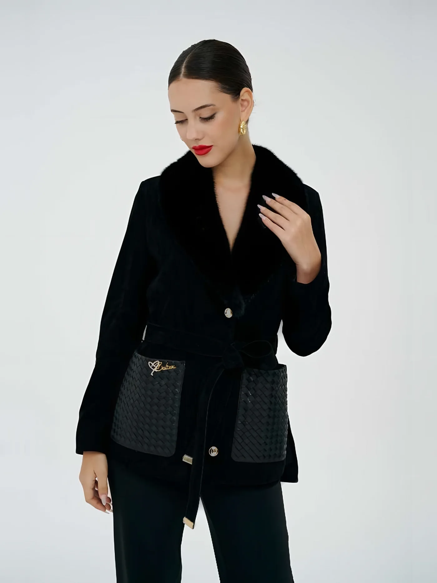 Fur-Collar Leather-Pocket Belted Jacket — BALIZZA