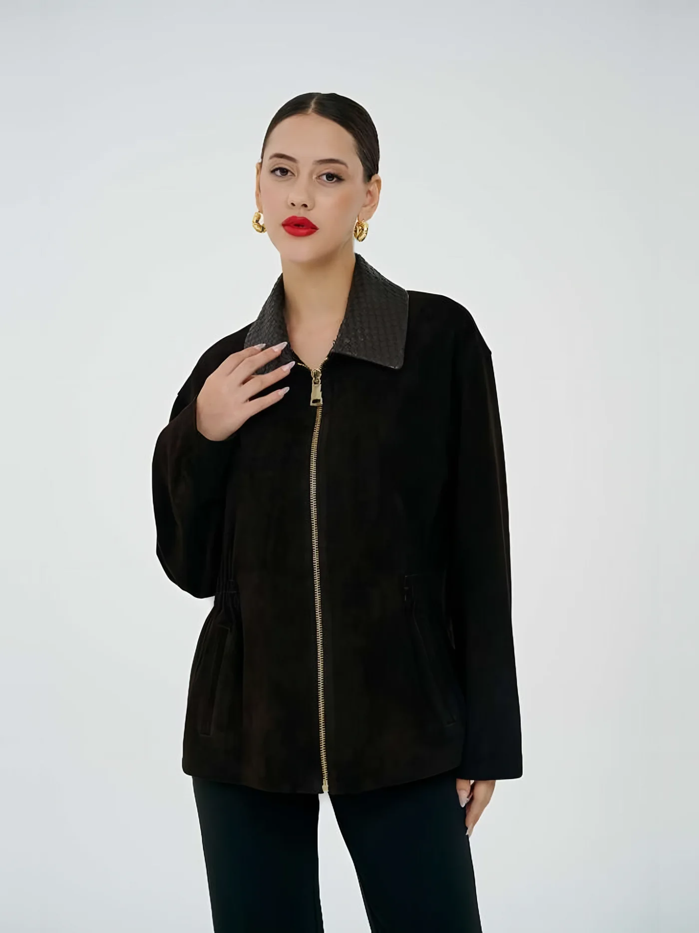 Leather Collar Zip Suede Jacket — BALIZZA