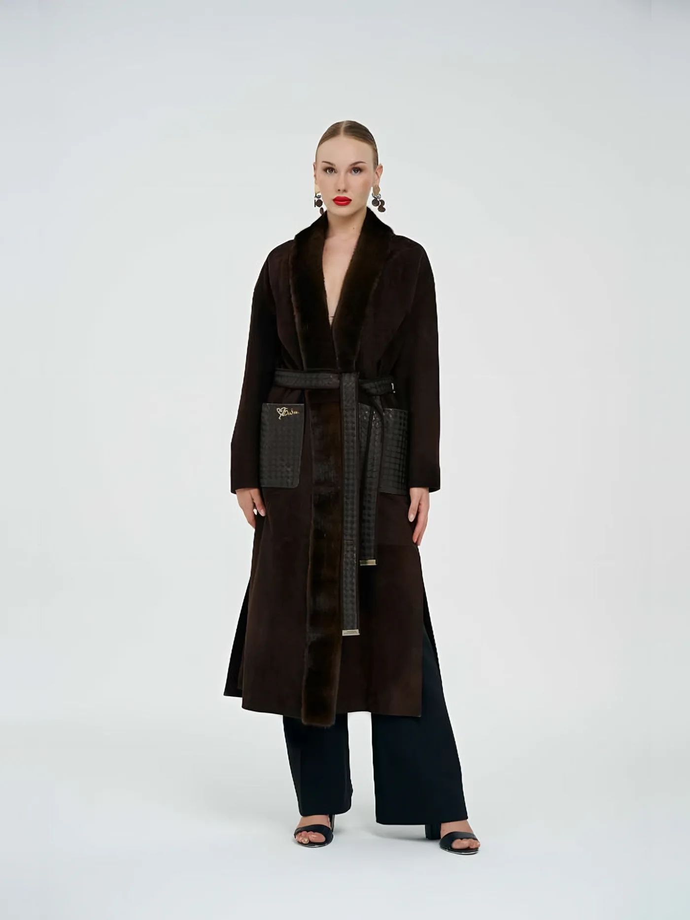 Leather-Pocket Belted Long Plush Coat — BALIZZA