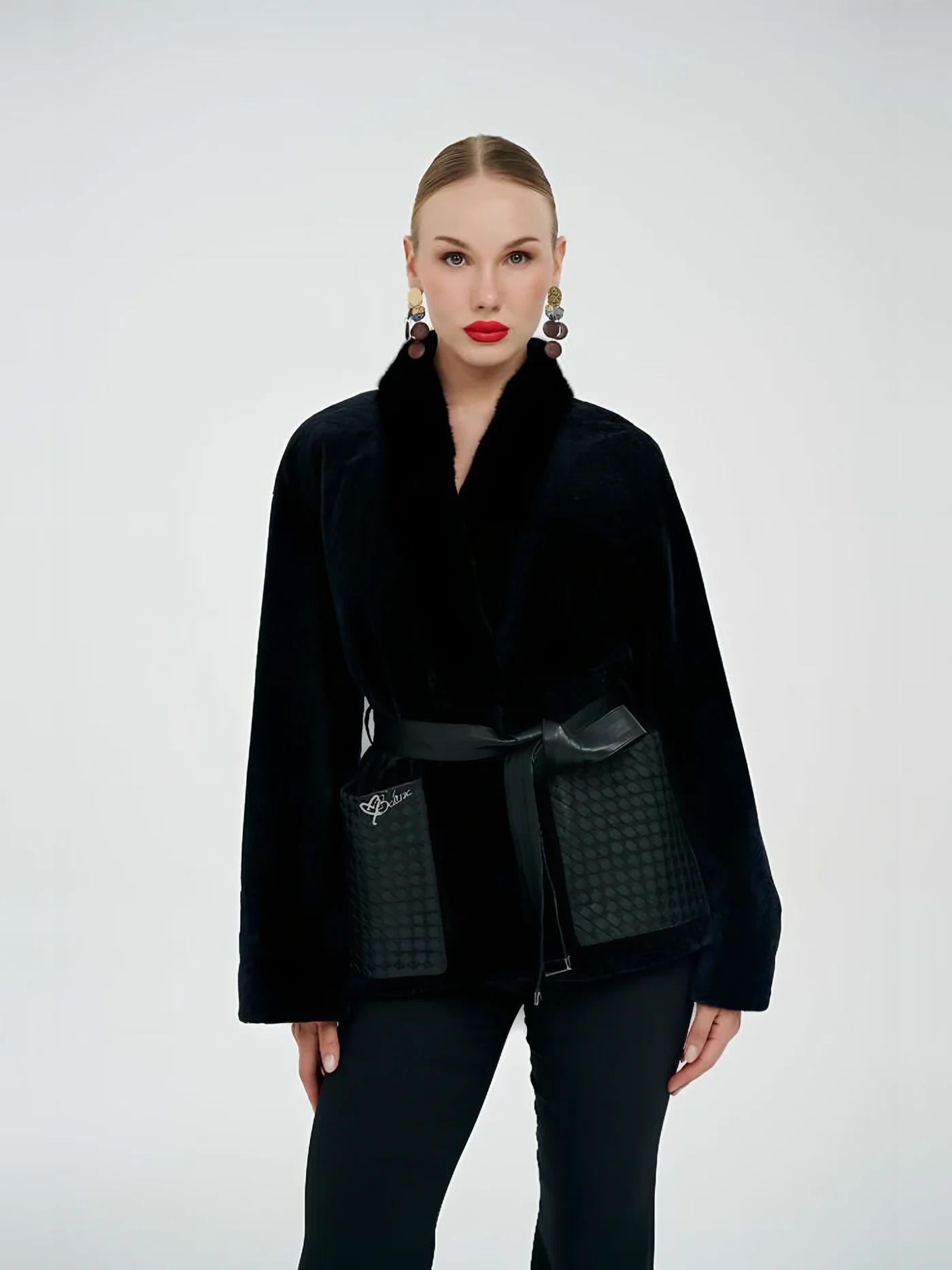 Leather-Pocket Belted Plush Jacket — BALIZZA