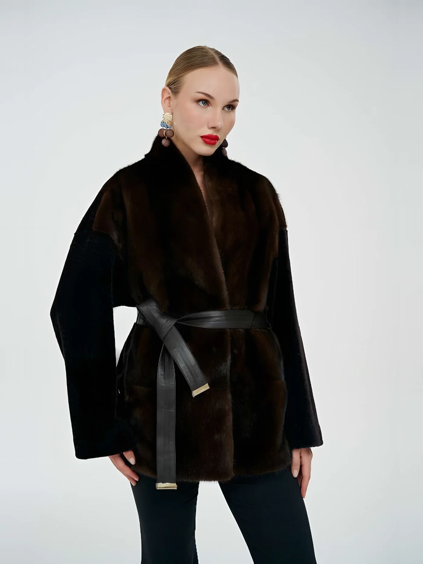Fur-Shawl Belted Plush Jacket — BALIZZA