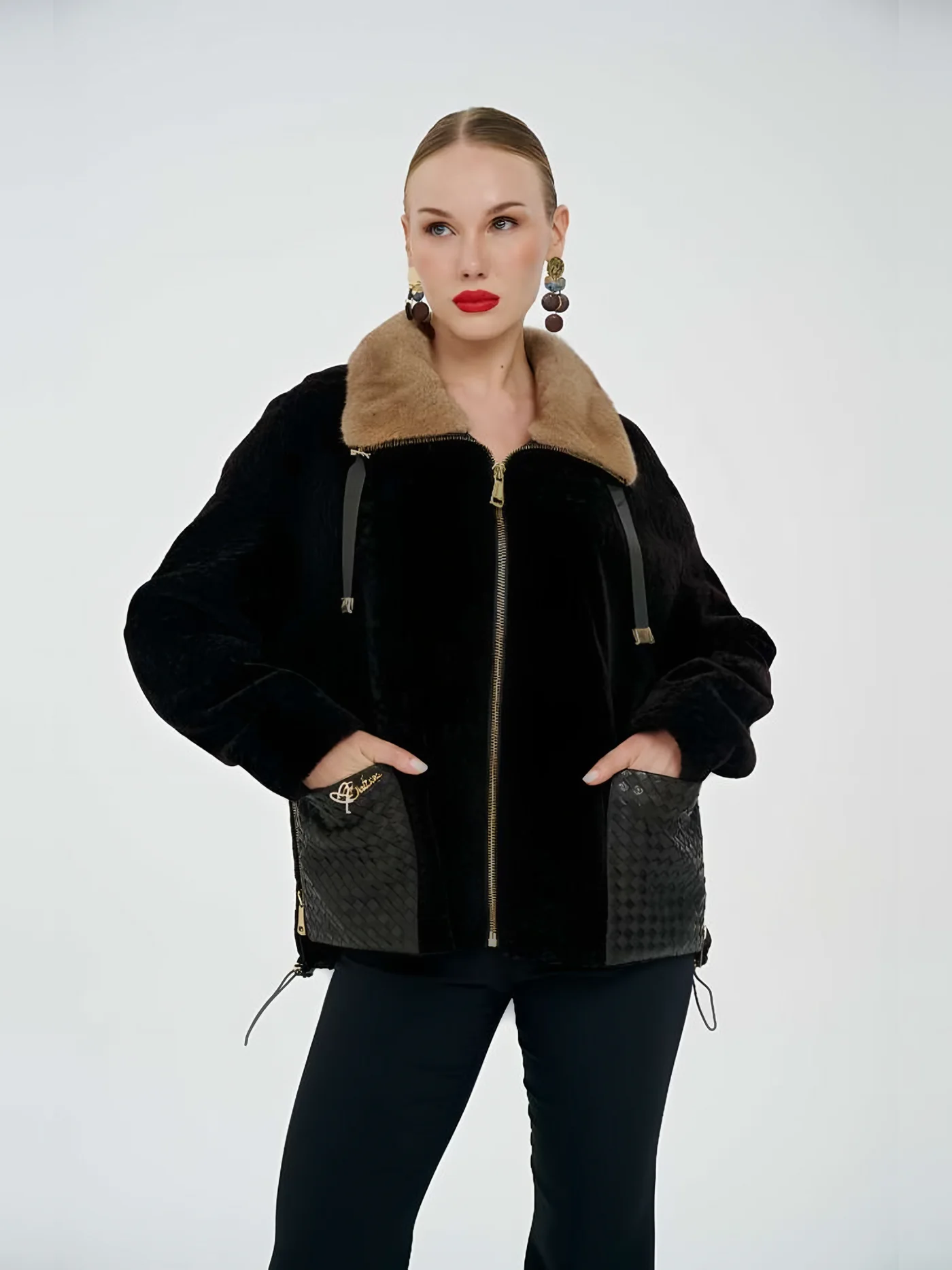 Fur-Collar Leather-Pocket Plush Jacket — BALIZZA