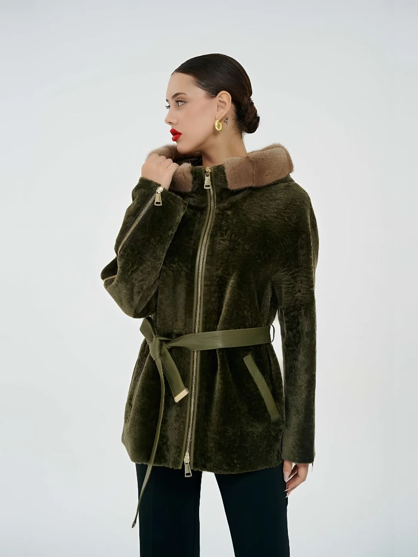 Fur-Hooded Belted Plush Jacket — BALIZZA