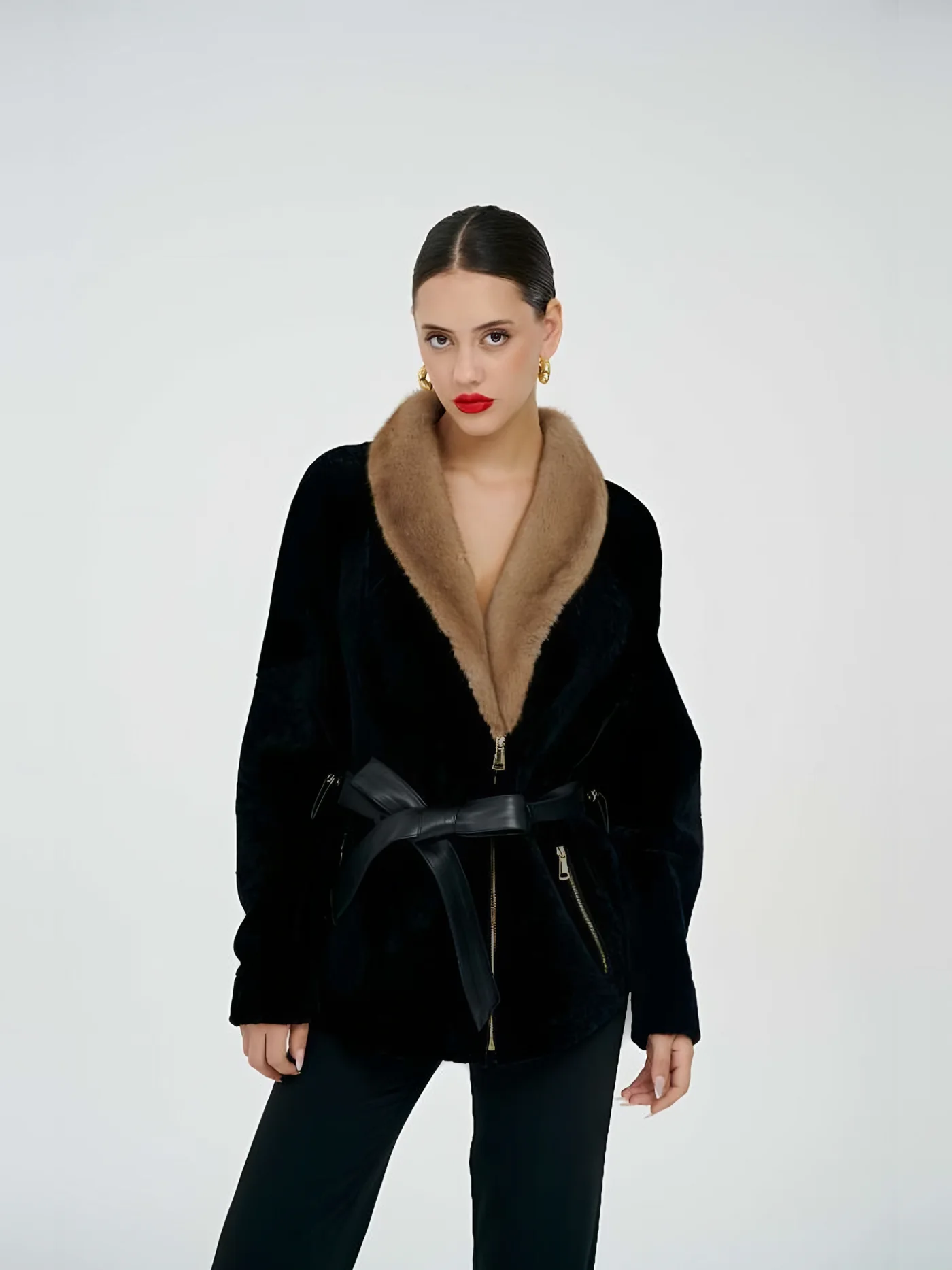 Fur-Shawl-Collar Belted Plush Jacket — BALIZZA
