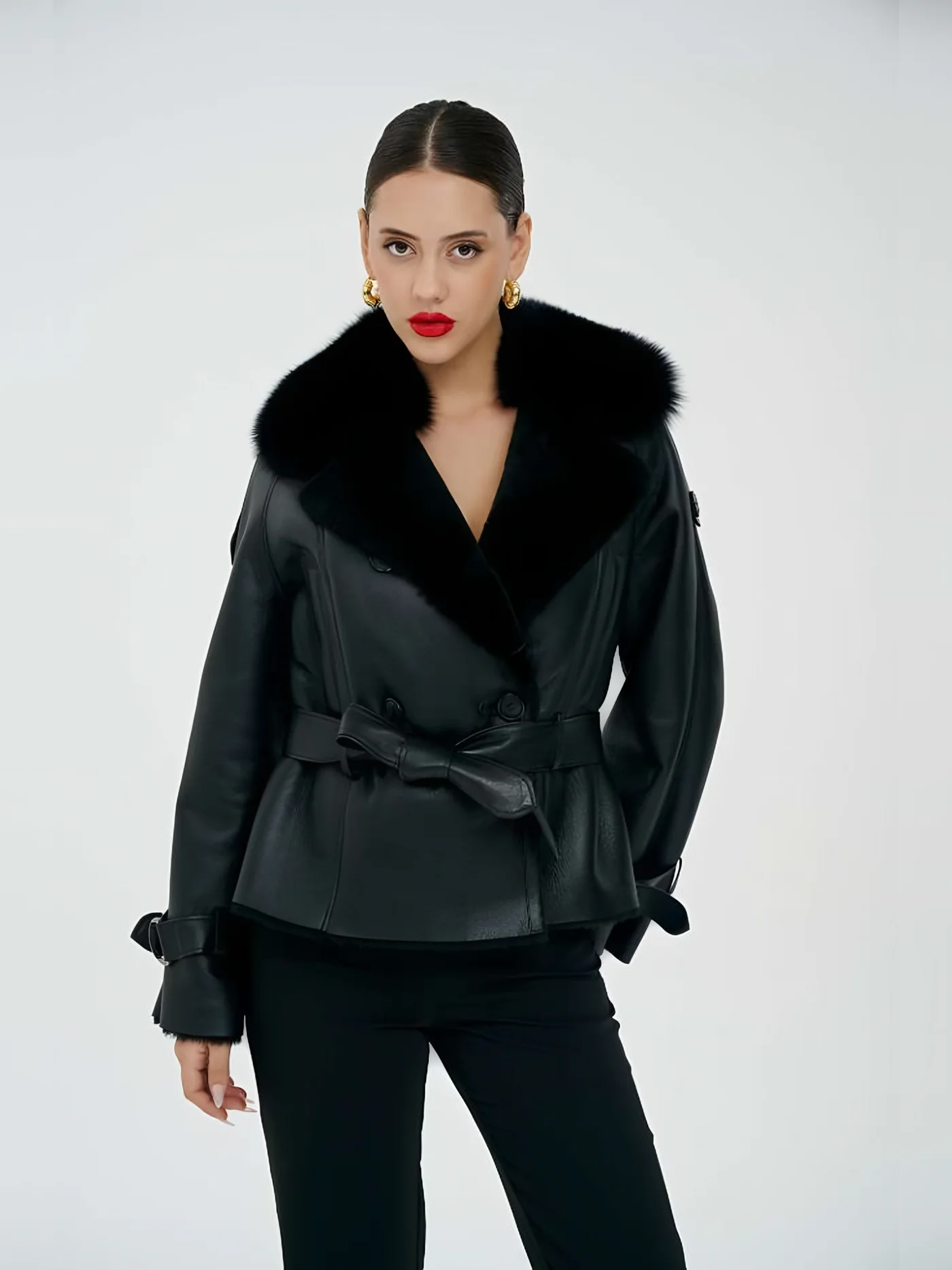 Black Fur-Collar Belted Leather Jacket — BALIZZA
