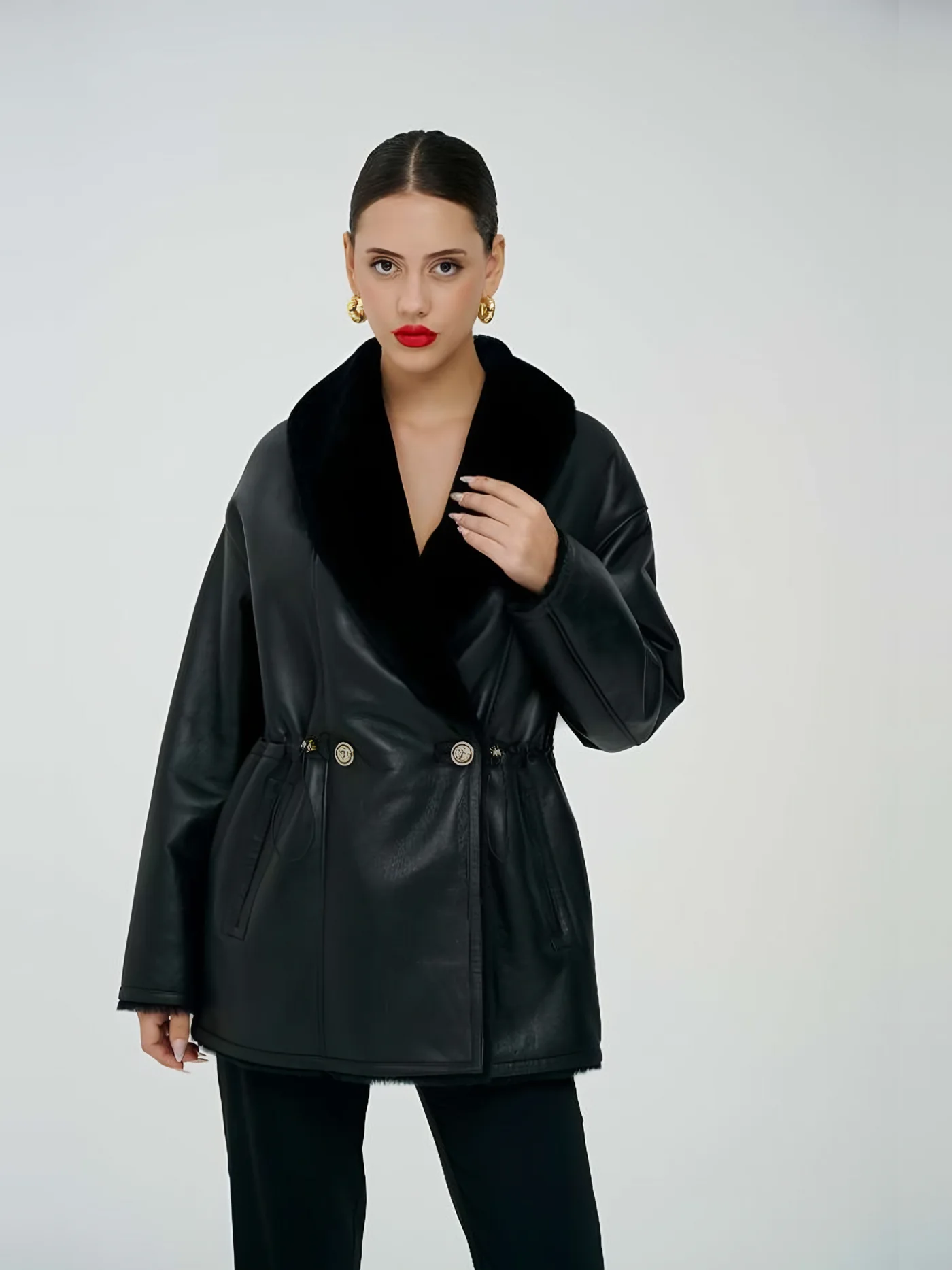 Fur-Collar Gathered Leather Jacket — BALIZZA