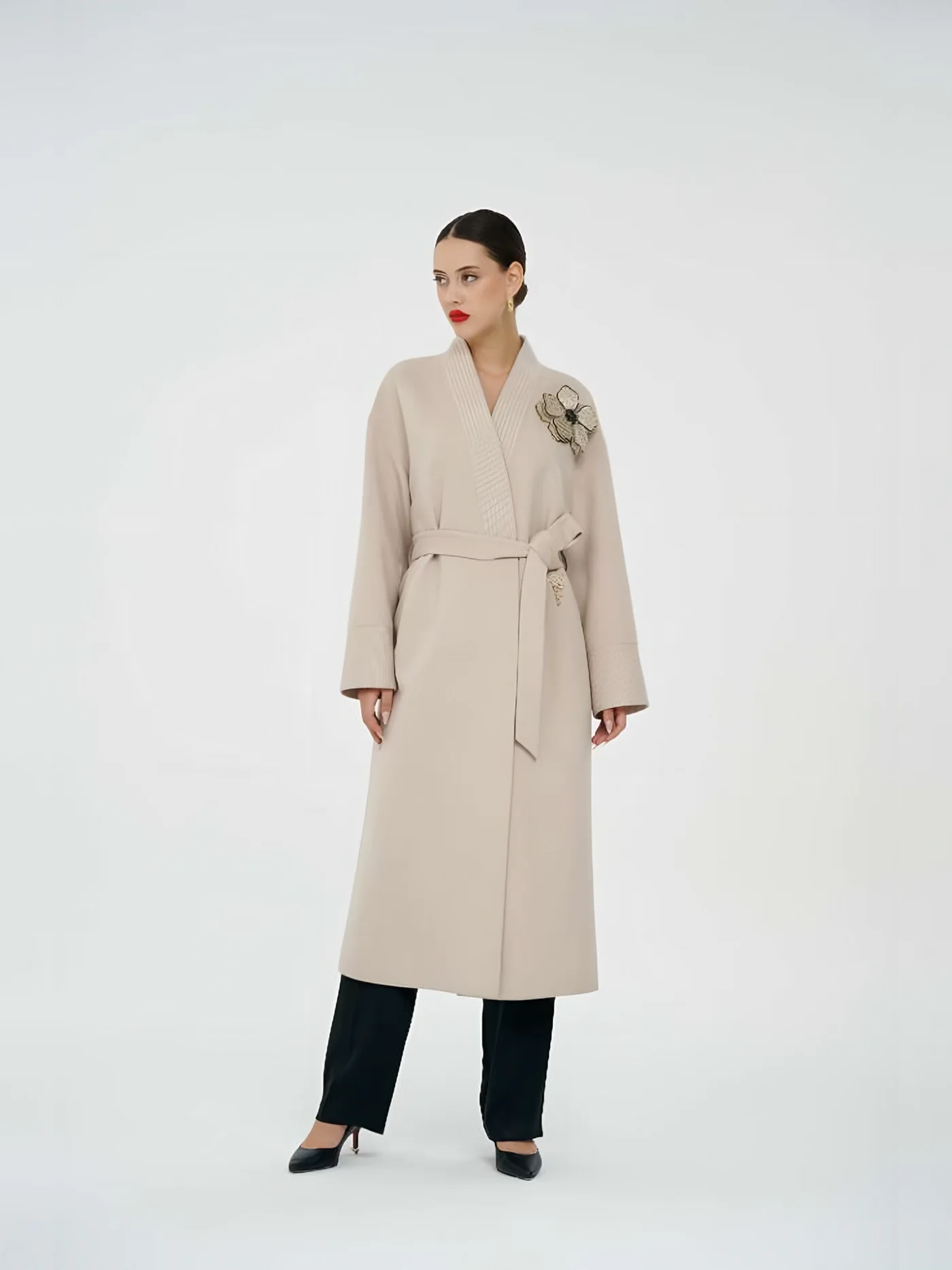 Floral Belted Coat with Brooch — BALIZZA