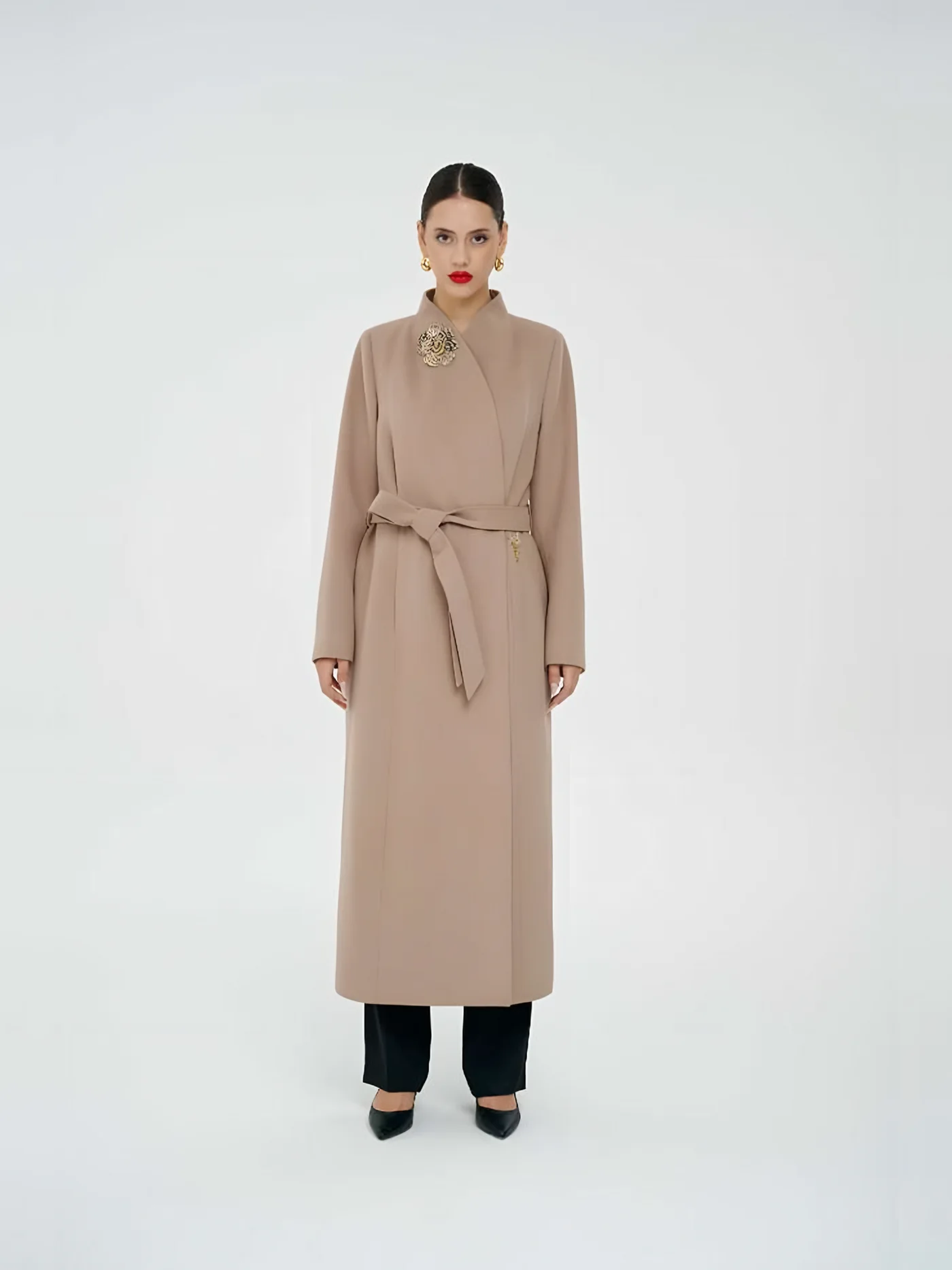 Belted Long Coat with Brooch — BALIZZA