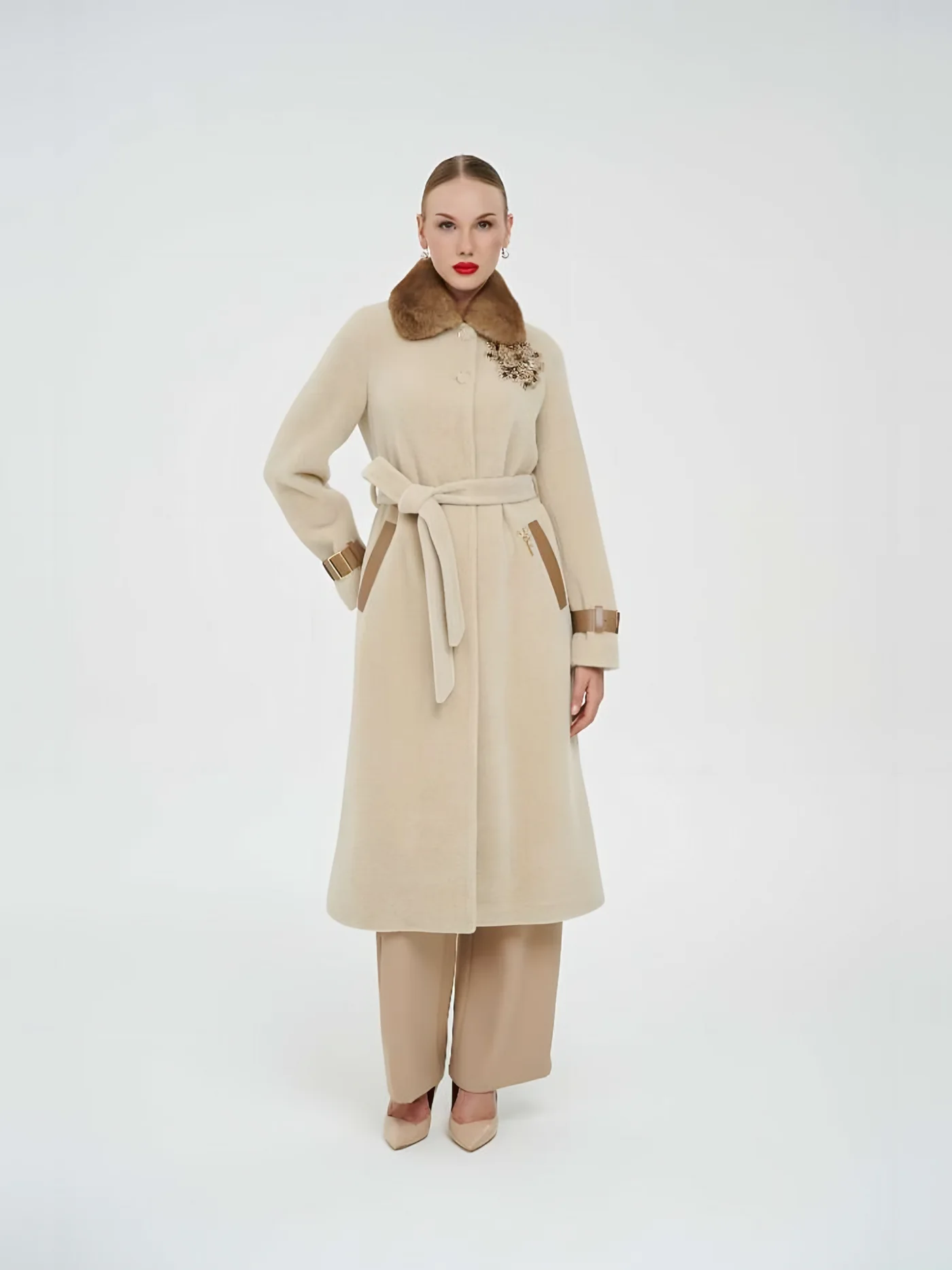 Fur-Collar Belted Plush Coat with Brooch — BALIZZA